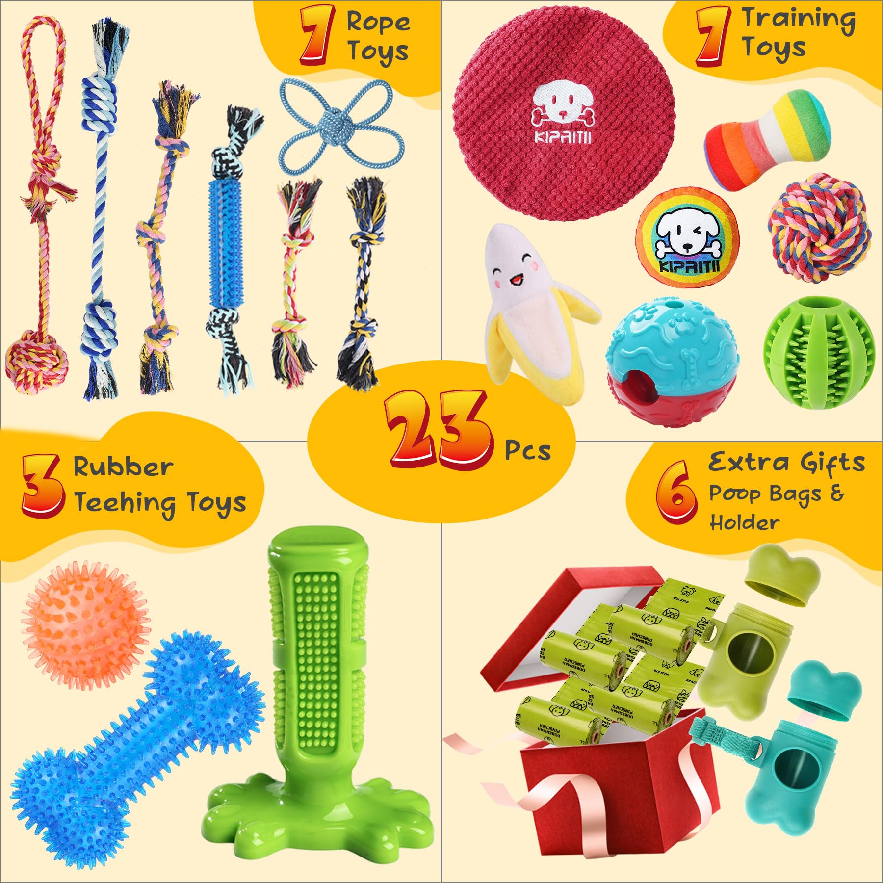 Kipritii 23 Pack Dog Toys For Puppy Teething, Assorted Puppy Chew Toys For Boredom With Rope Toys, Treat Balls And Dog Squeaky T