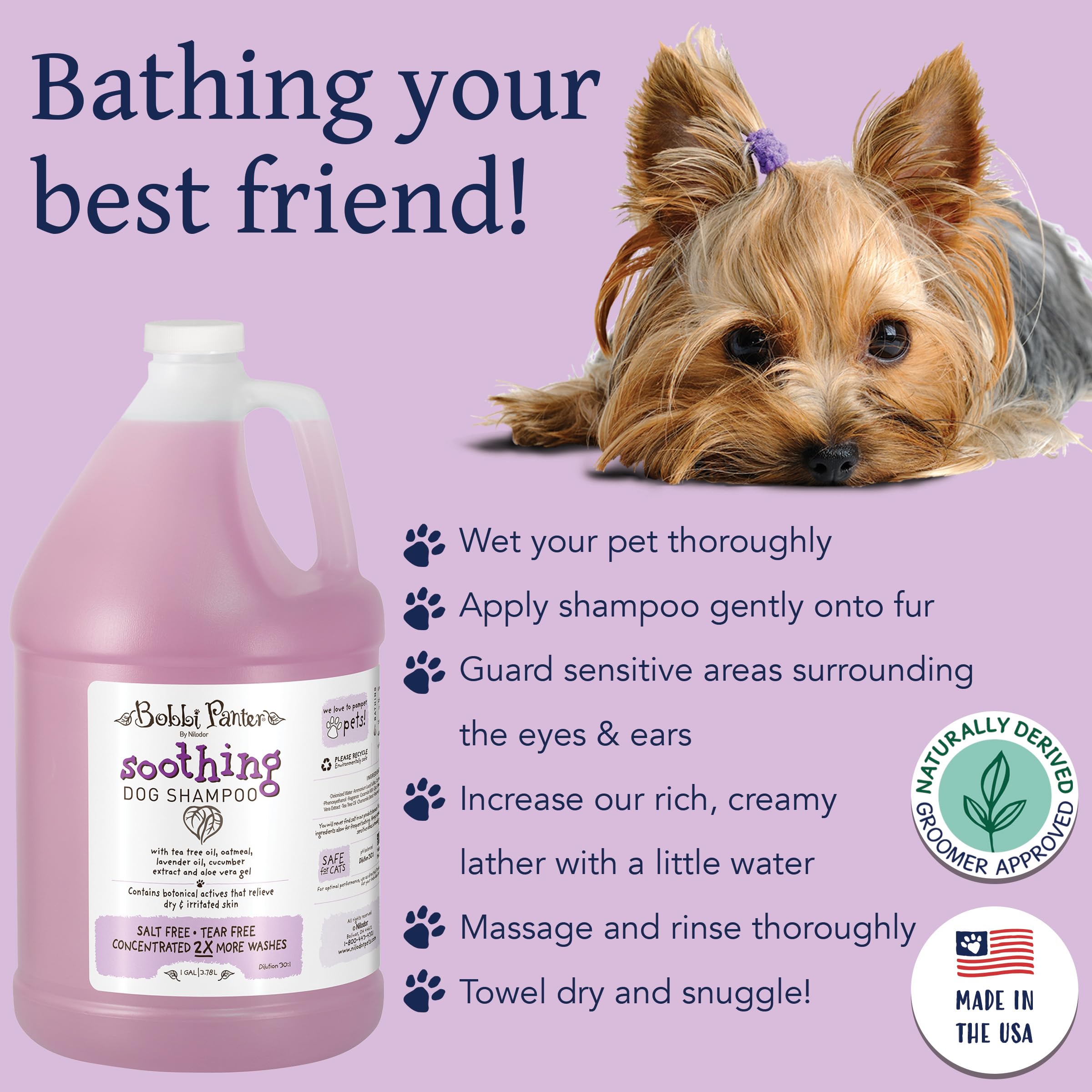 Bobbi Panter Soothing Dog Shampoo, Heals & Soothes Irritated Skin, Lavender Scent - 30:1 Concentrated Formula, Made In The Usa, Trusted By Professional Groomers, 1 Gal.