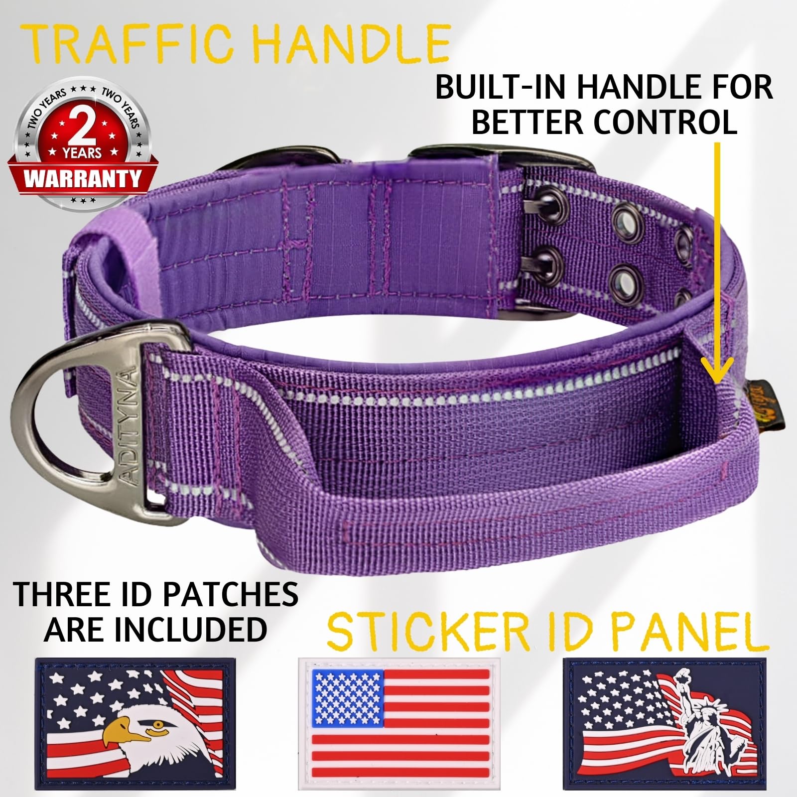 Adityna Heavy Duty Dog Collar For Medium Dogs - Reflective Purple Collar With Handle For Training, And Walking - Wide, Thick, Ta