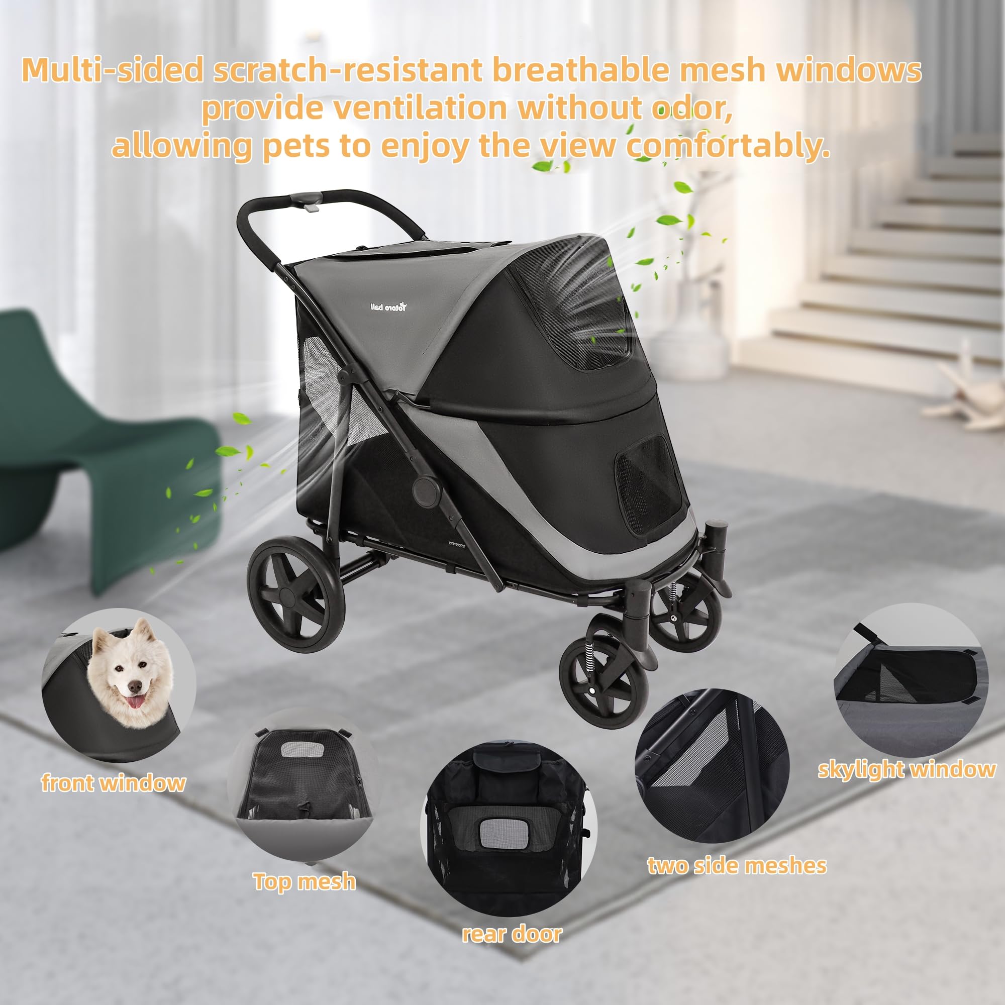 Dog Stroller For Medium/Large Dogs One-Click Folding 4 Wheel Pet Stroller Foldable Dog Stroller For 2 Dogs Jogger Stroller With