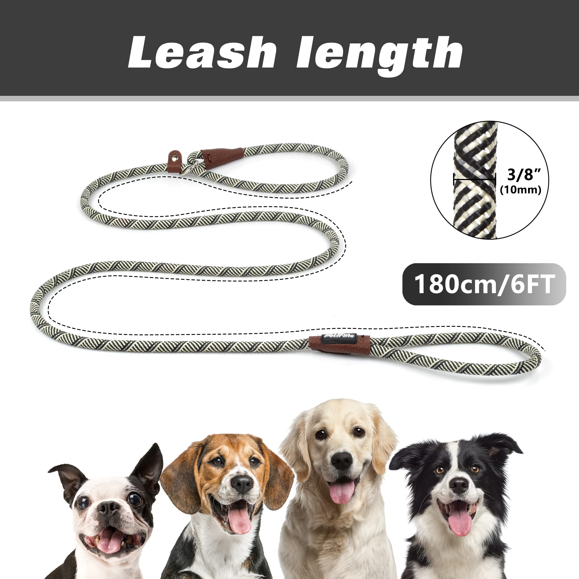 Petifine 6 Ft Slip Lead Dog Leash, Full Reflective Dog Training Leash, Heavy Duty Adjustable Pet Nylon Slip Rope Lead For Small Medium Large Dogs (3/8' -6 Ft, Grey)