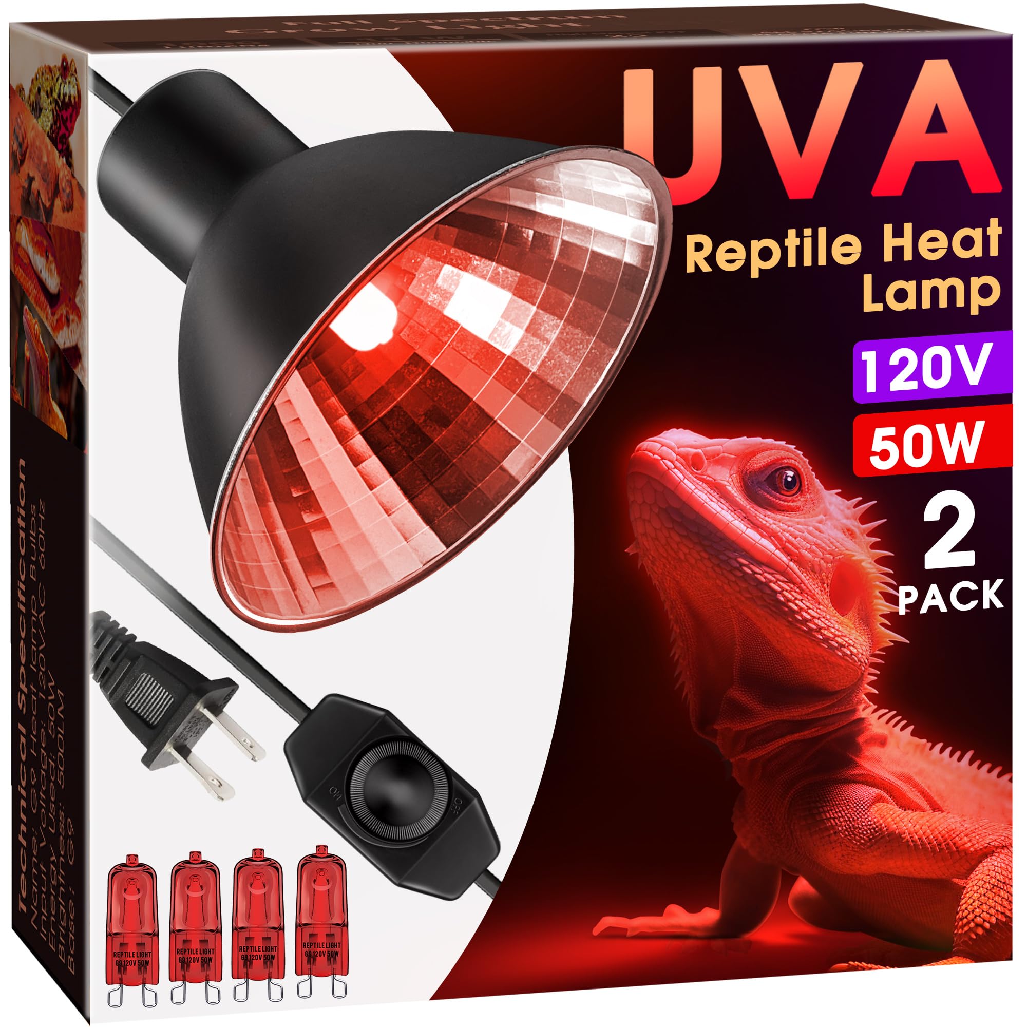 Briignite Reptile Heat Lamp Red, Reptile Night Lamp 50W, G9 Heat Bulb & Dome Reptile Light Fixture, Aluminum Reflector, Dimmable