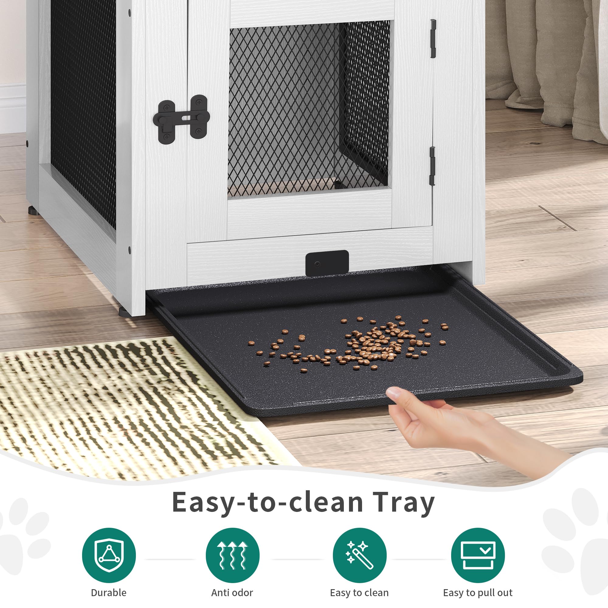 DWVO Dog Kennel Furniture with Dual USB Charger, Dog Crate End Table with Tray, Wooden Dog Crate Furniture with Cushion for Smal