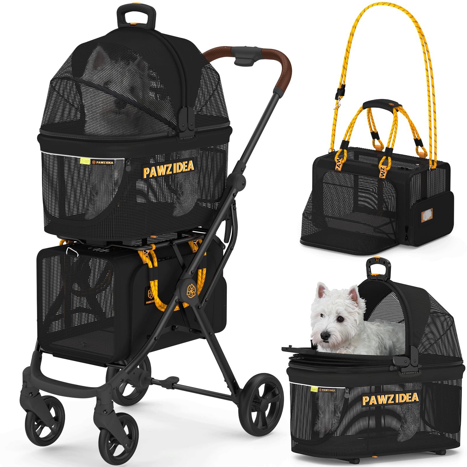 Pawzidea Double Pet Stroller With 2 Detachable Carriers, Tsa Approved Expandable Cat Carrier Bag, Seatbelt Pet Travel Car Seat, 