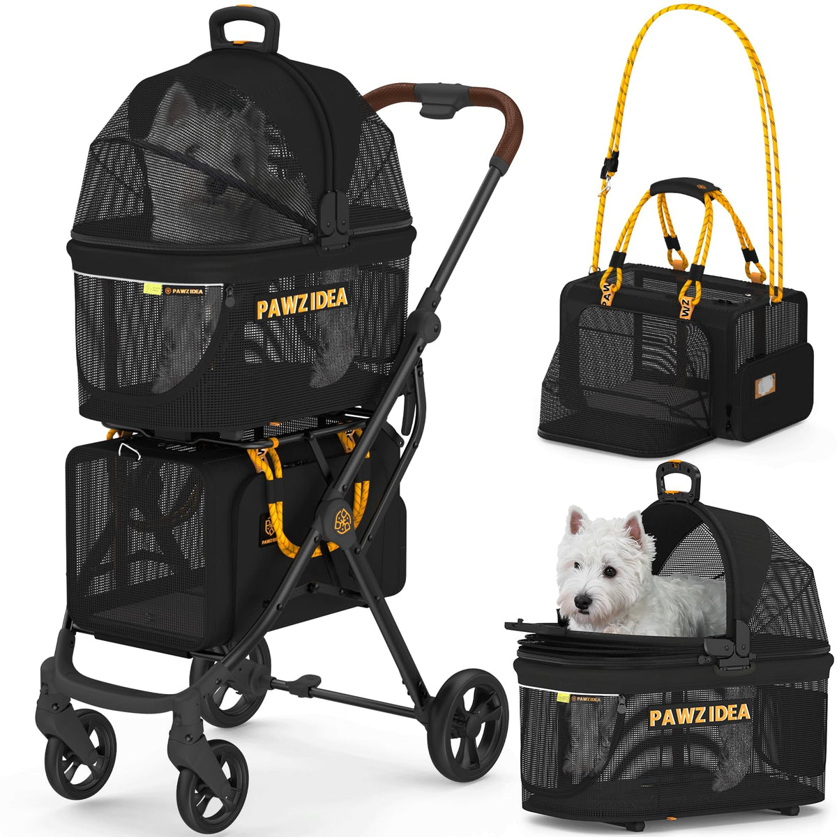 Pawzidea Double Pet Stroller With 2 Detachable Carriers, Tsa Approved Expandable Cat Carrier Bag, Seatbelt Pet Travel Car Seat, 