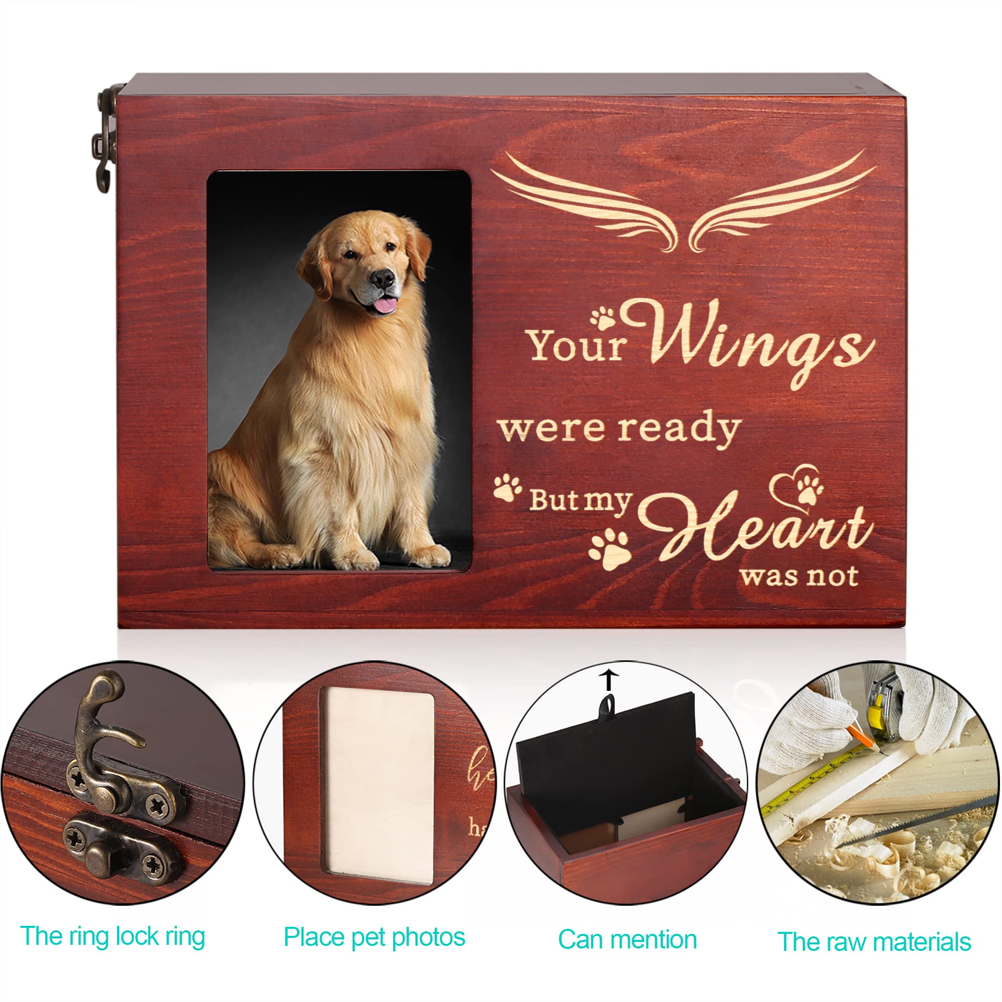 Pet Memorial Urns For Dog Or Cat Ashes, Large Wooden Funeral Cremation Urns With Photo Frame, Keepsake Memory Box With Black Fla