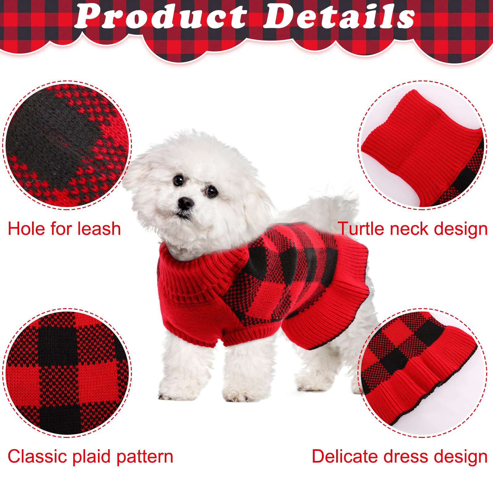 Lelepet Dog Sweater Dress - Classic Plaid Turtleneck Pullover Knitwear For Small, Medium & Large Dogs - Red, Christmas, S