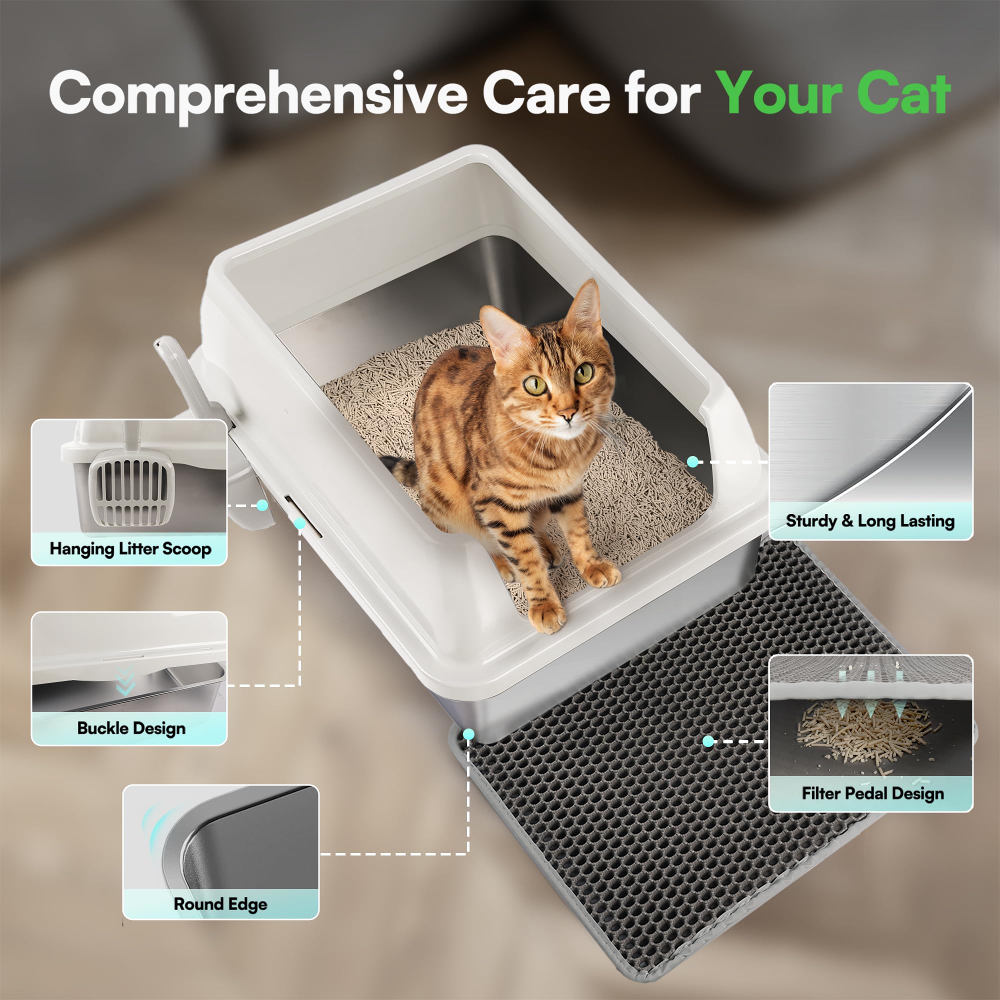AFP Stainless Steel Cat Litter Box with Lid - XL Litter Box for Big Cats | High Sides, Non-Sticky, Anti-Leakage, Odor Control &
