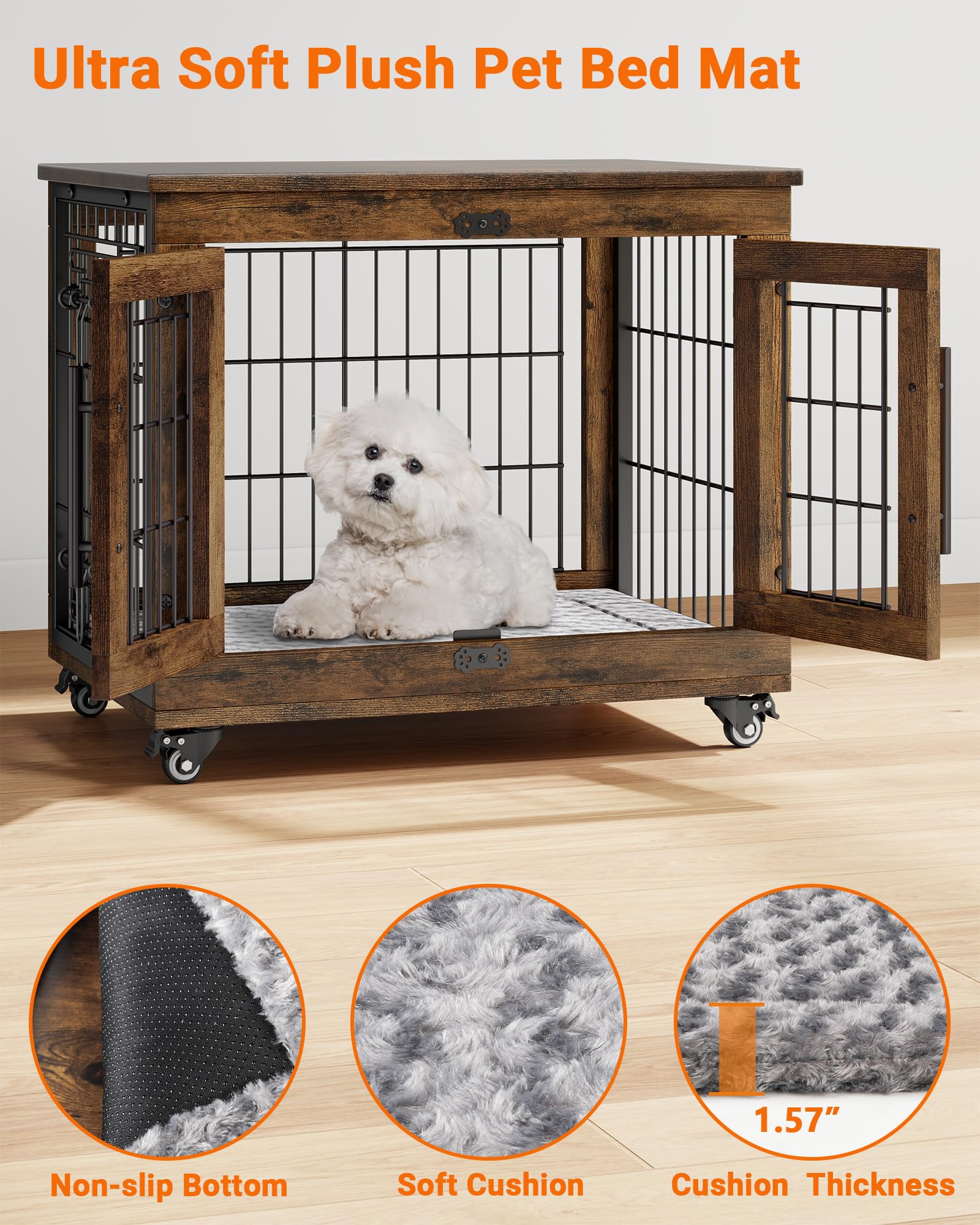 YaFiti Dog Crate Furniture with Cushion Set of 2, Wooden Dog Kennel Indoor with Double Doors, Dog Cage with Wheels, Dog House Si