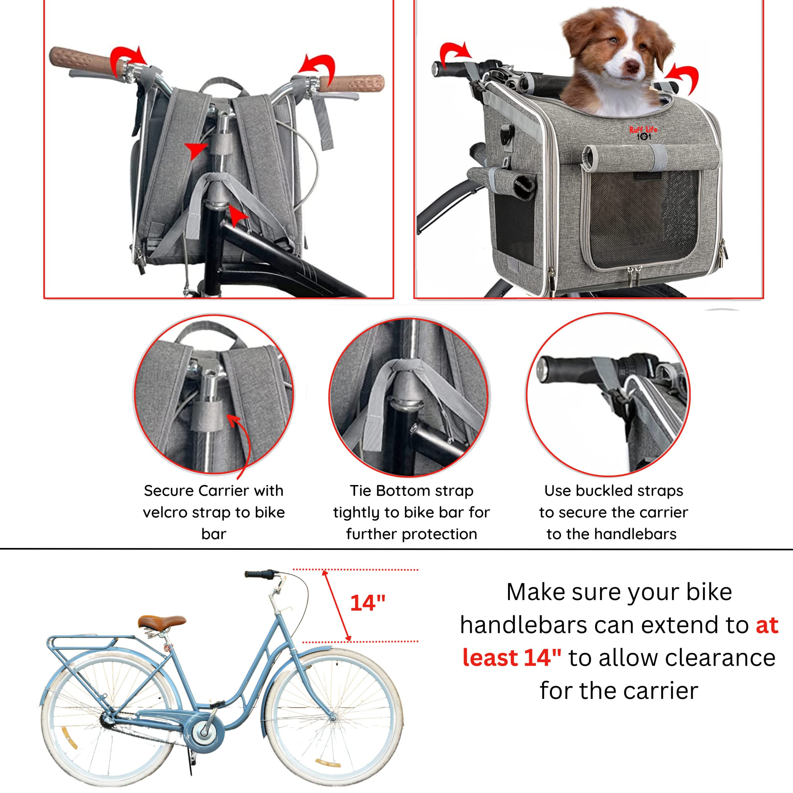Cozy Cruiser Dog Bike Basket, Expandable Soft-Sided Reflective Pet Carrier Backpack with 4 Open Doors, 4 Mesh Windows for Medium