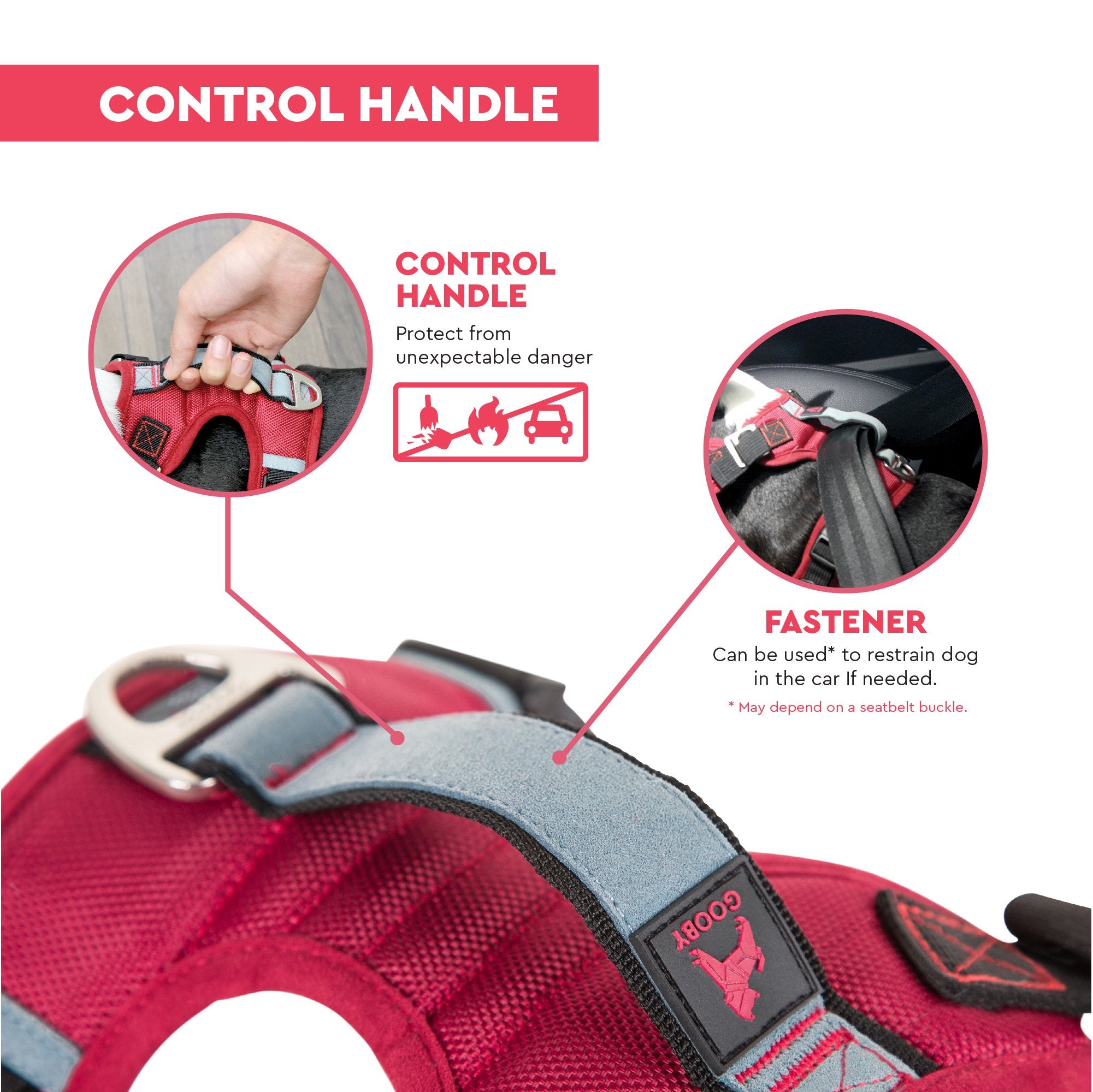 Gooby Pioneer Dog Harness, Control Handle & Seat Belt, X-Large, Red, Nylon, Model 04703-RED-XL
