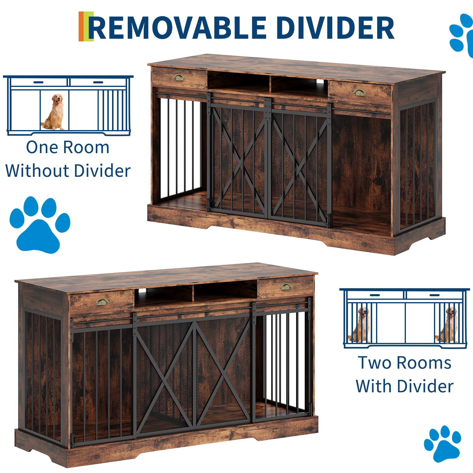 GarveeLife 63 in Extra Large Double Dog Crate with Removable Divider, Heavy Duty Dog Kennel Furniture with 2 Drawers, Indoor Dec