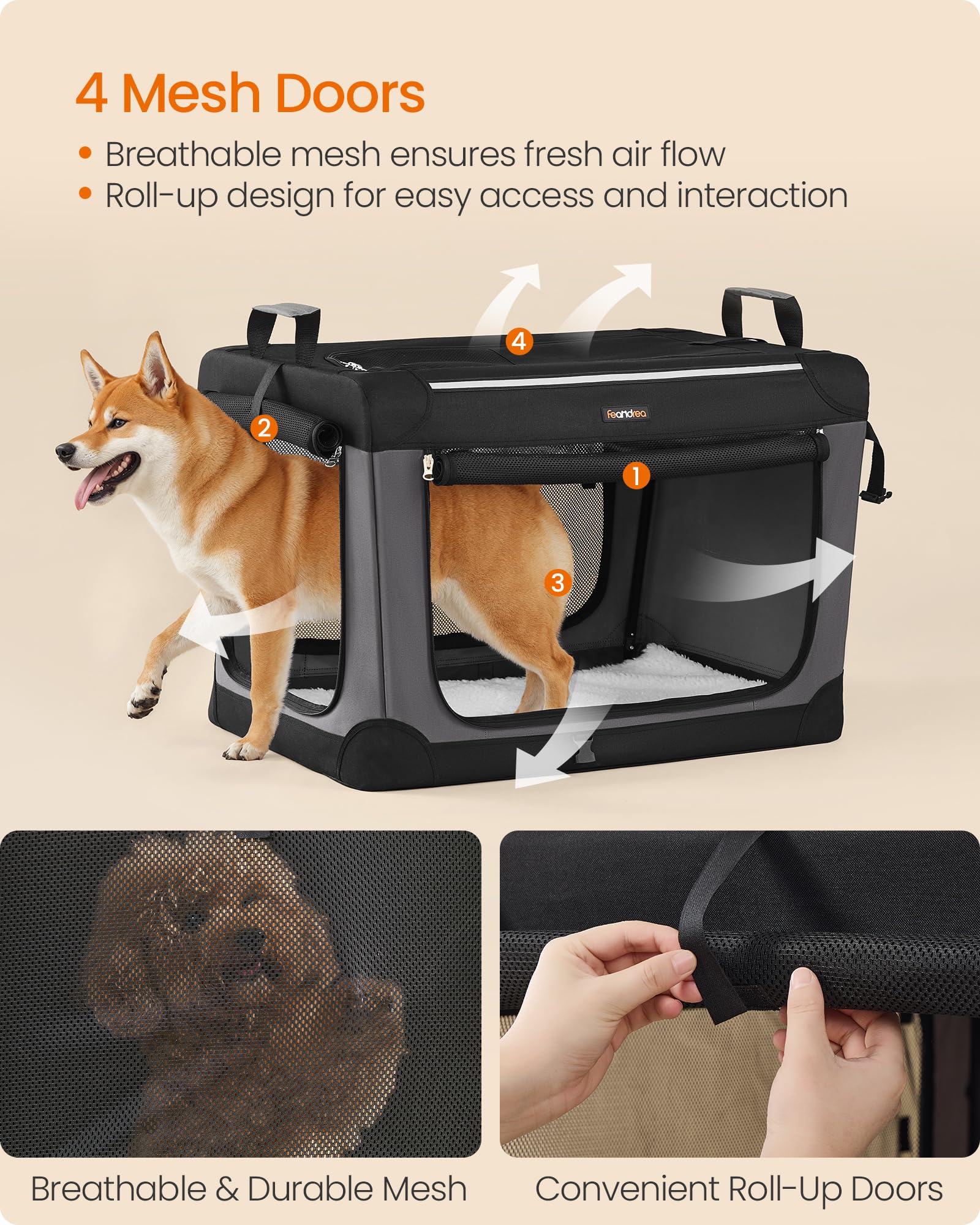 Feandrea Collapsible Dog Crate, 30-Inch Portable Dog Travel Crate For Medium Dogs, Oxford Fabric Pet Carrier With 4 Mesh Doors,