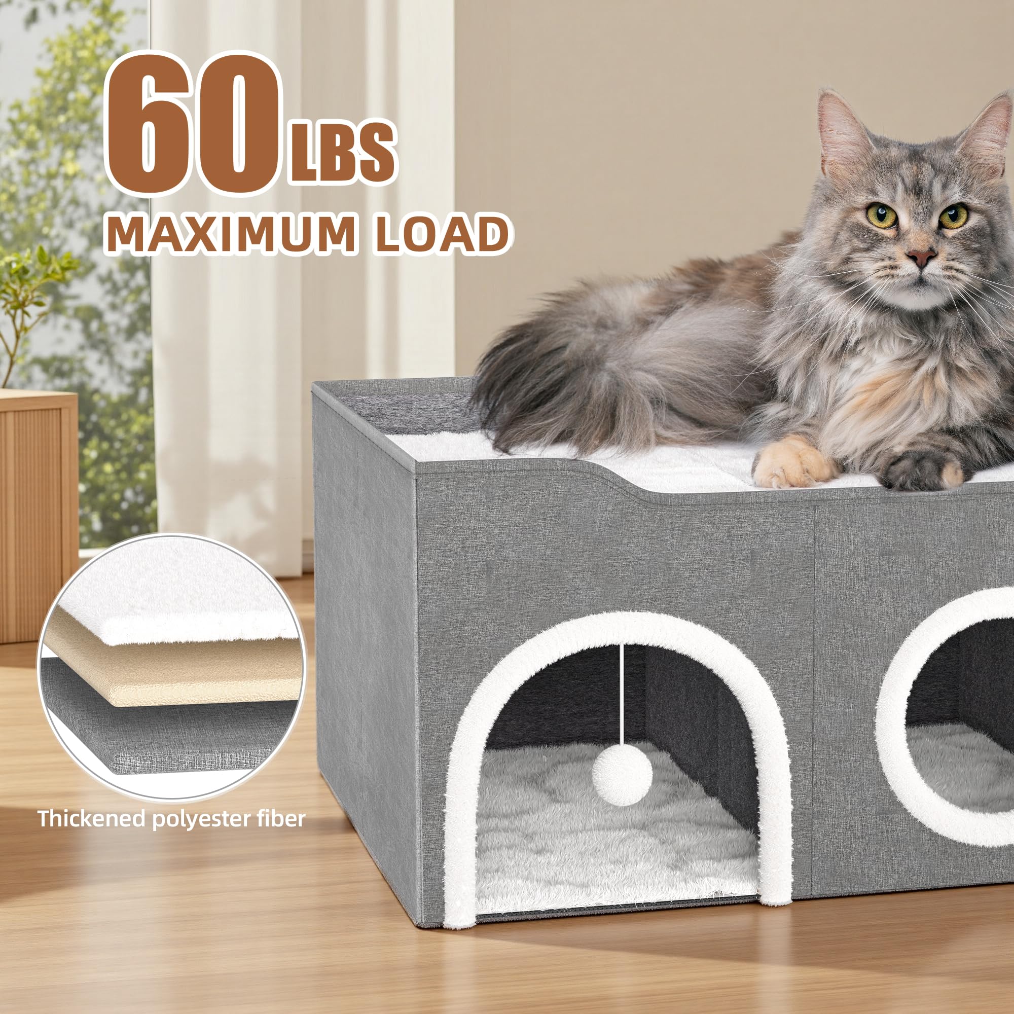 All-In-1 Extra-Wide Cat House For Indoor, Multi Cats Puppy Family, Large Cat Cave For Pet House With Fluffy Ball Hanging And Scr