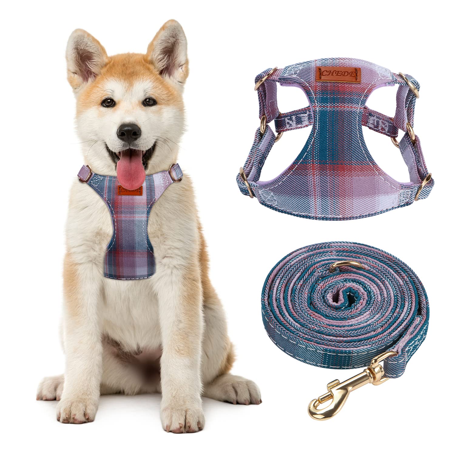 CHEDE No Pull Plain Pattern Dog Harness - Lightweight and Soft, Adjustable for Small and Medium-Sized Dogs, Includes Leash