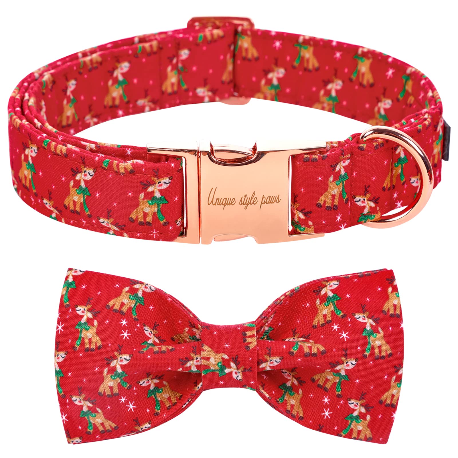 Unique Style Paws Christmas Dog Collar With Bow Tie Red Elk Cotton Collar Adjustable Puppy Collar For Small Medium Large Dogs-Xs