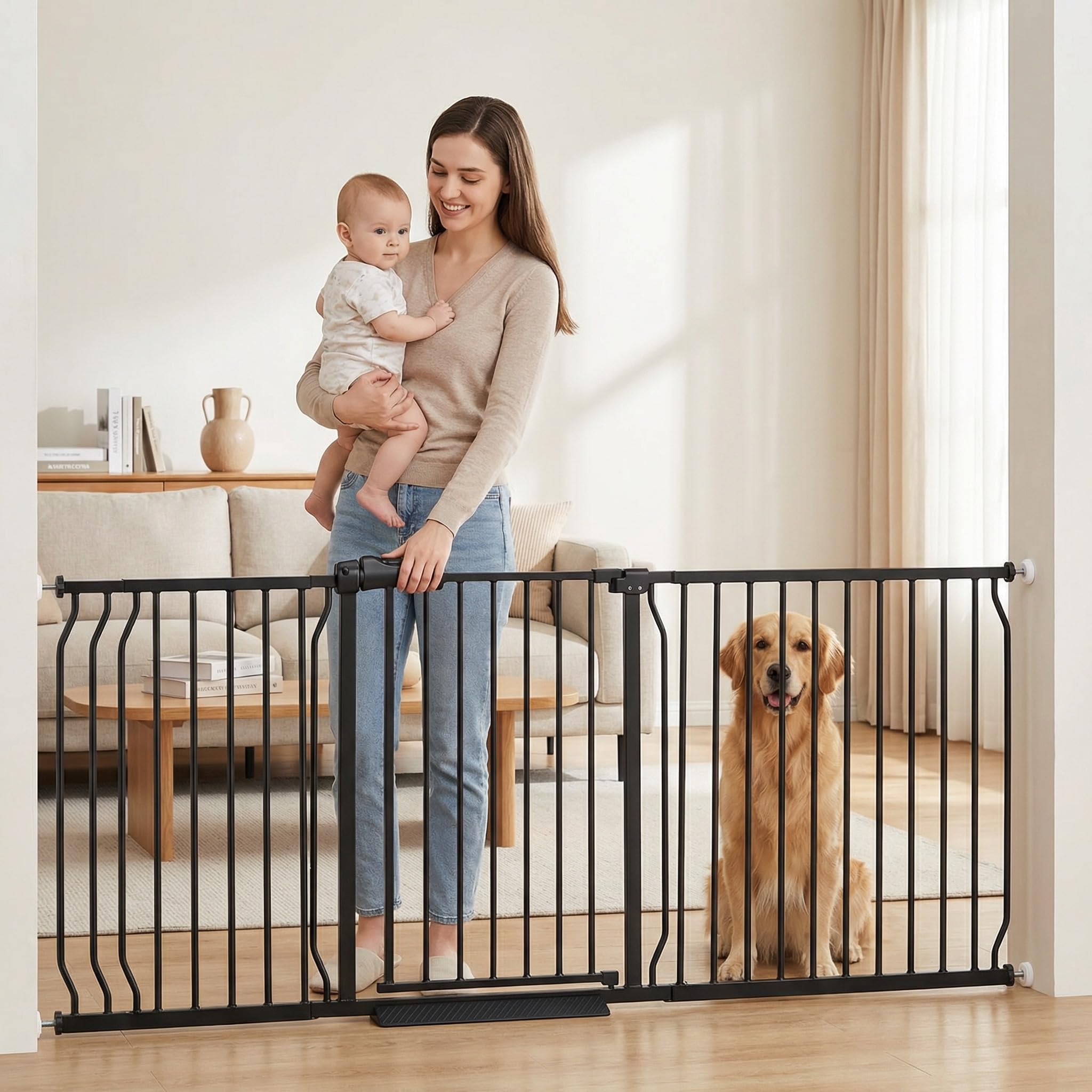 COSEND Extra Wide Baby Dog Gates for Doorways Tension Indoor Safety Gates Black Metal Large Pressure Mounted Pet Gate Walk Throu