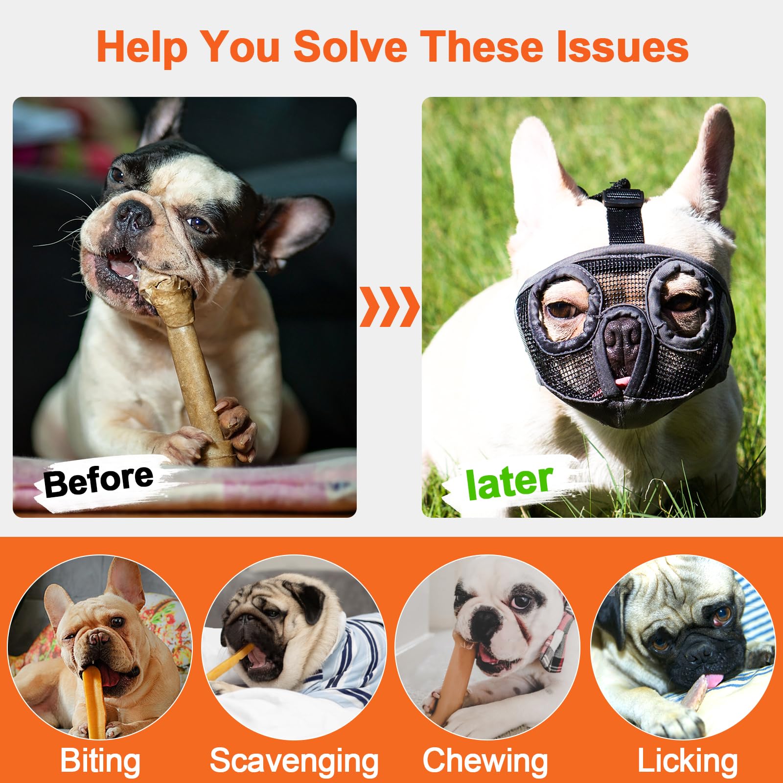 Short Snout Dog Muzzles- Bulldog Muzzle Breathable Mesh Dog Mask For Biting Chewing Training Licking Grooming (Black, Xl(Head 18