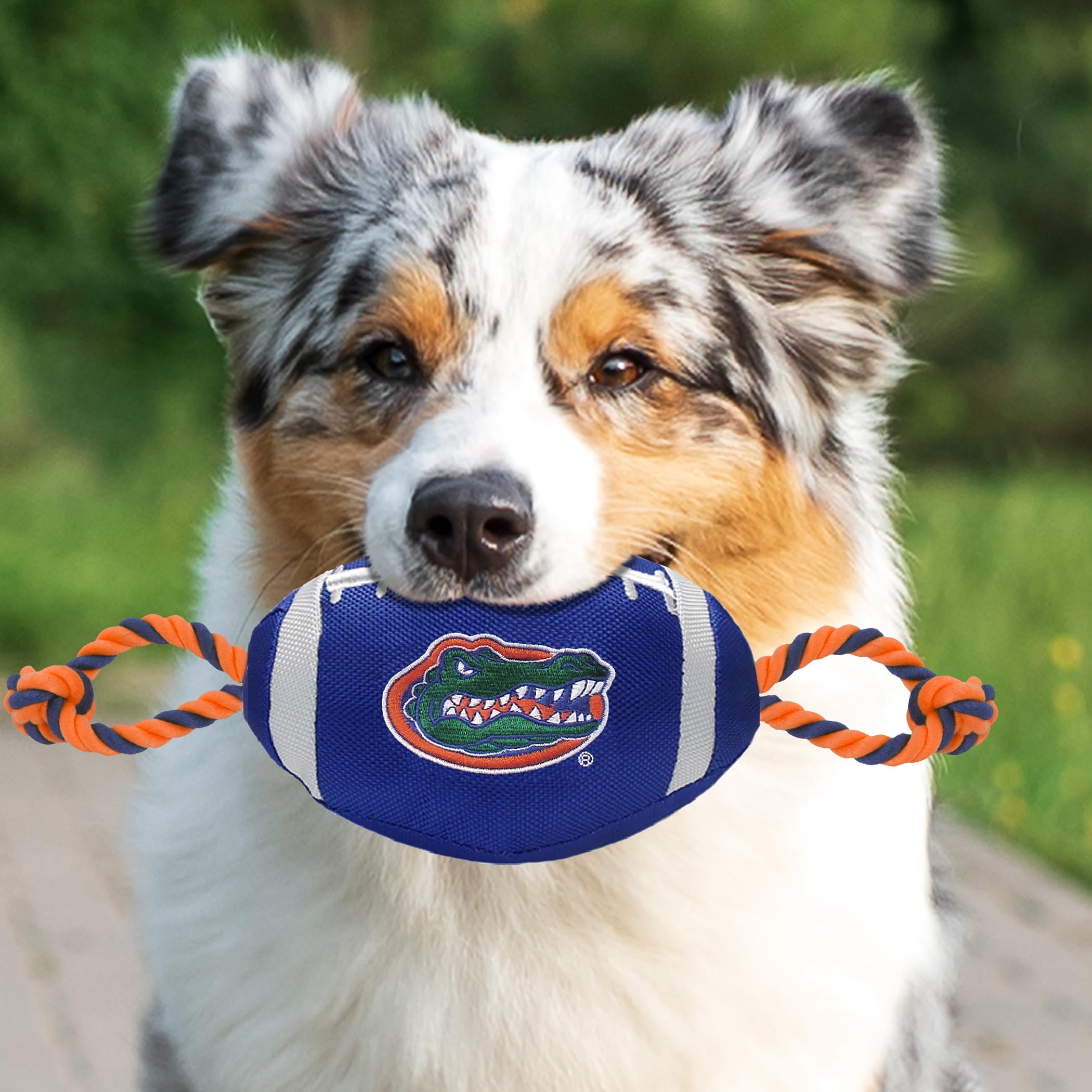 Pets First NCAA Florida Gators Football Dog Toy, Tough Quality Nylon Materials, Strong Pull Ropes, Inner Squeaker, Collegiate Te