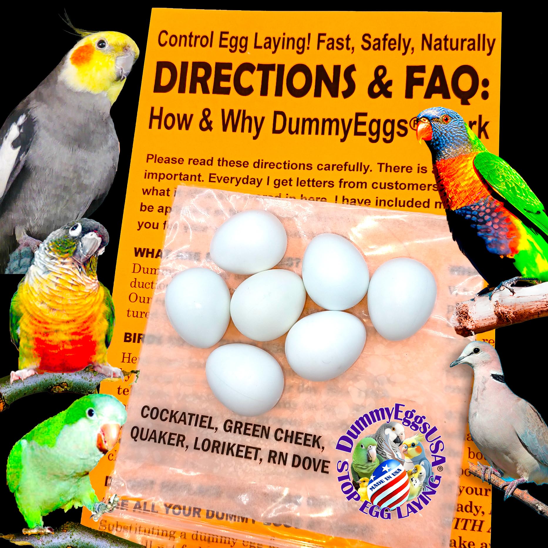Dummy Cockatiel Eggs Stop Brooding Laying! 7 Plastic Solid Fake Dummy Bird Eggs: Dove, Quaker Parrot, Green Cheek De Brand Usa