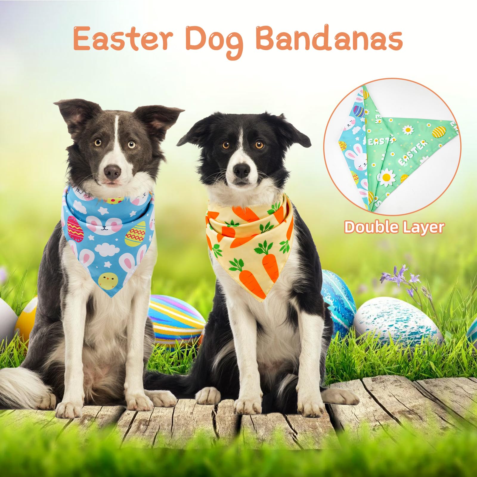 Easter Dog Bandanas 3 Pack, Double Layer Reversible Dog Scarf For Boy And Girl, 6 Patterns Easter Egg Bunny Pet Scarf For Dog Pr