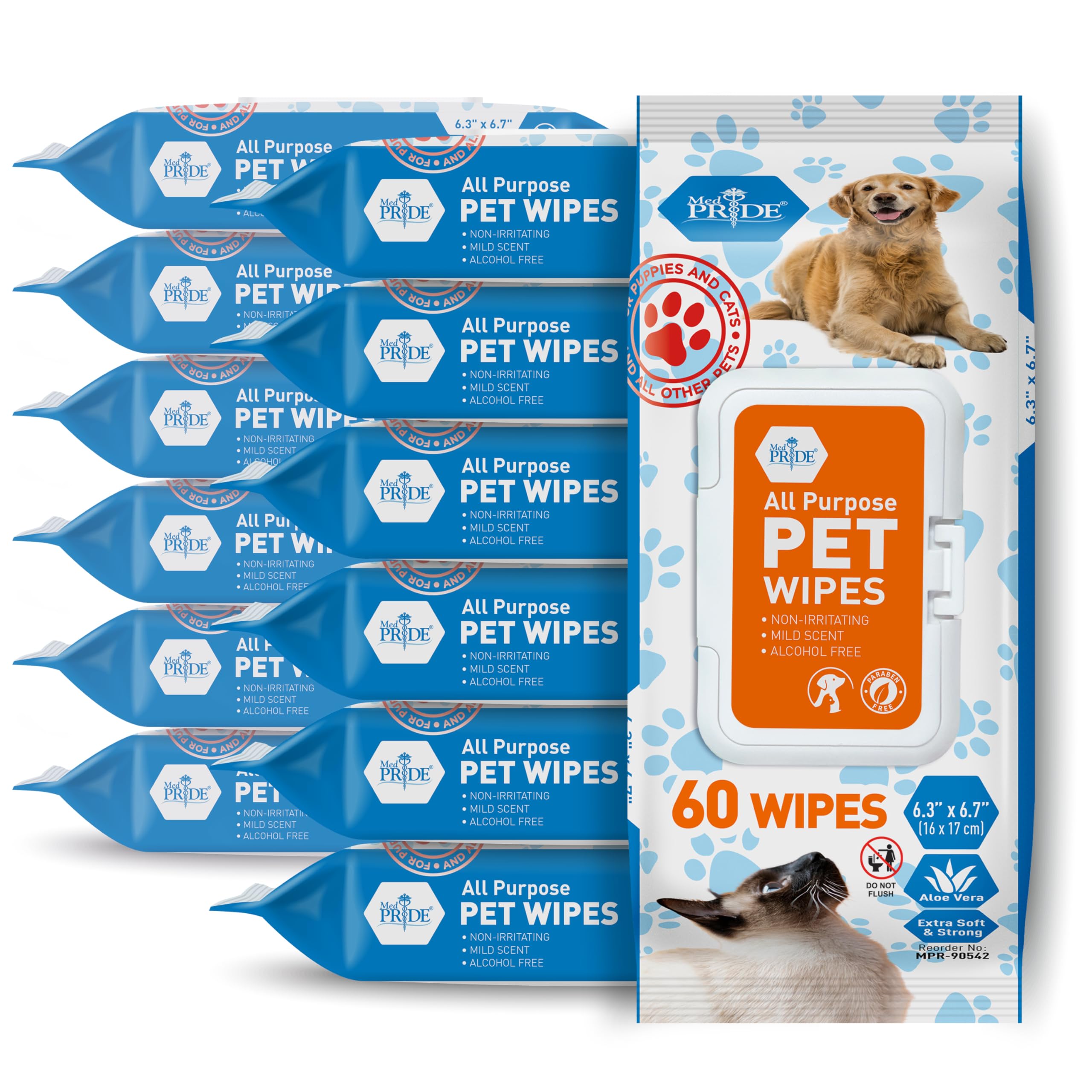 Med Pride Pet Wipes [12 Packs Of 60] For Cats Unscented Hypoallergenic Cat Cleansing Wet Wipes With Aloe Vera Alcohol And Parabe