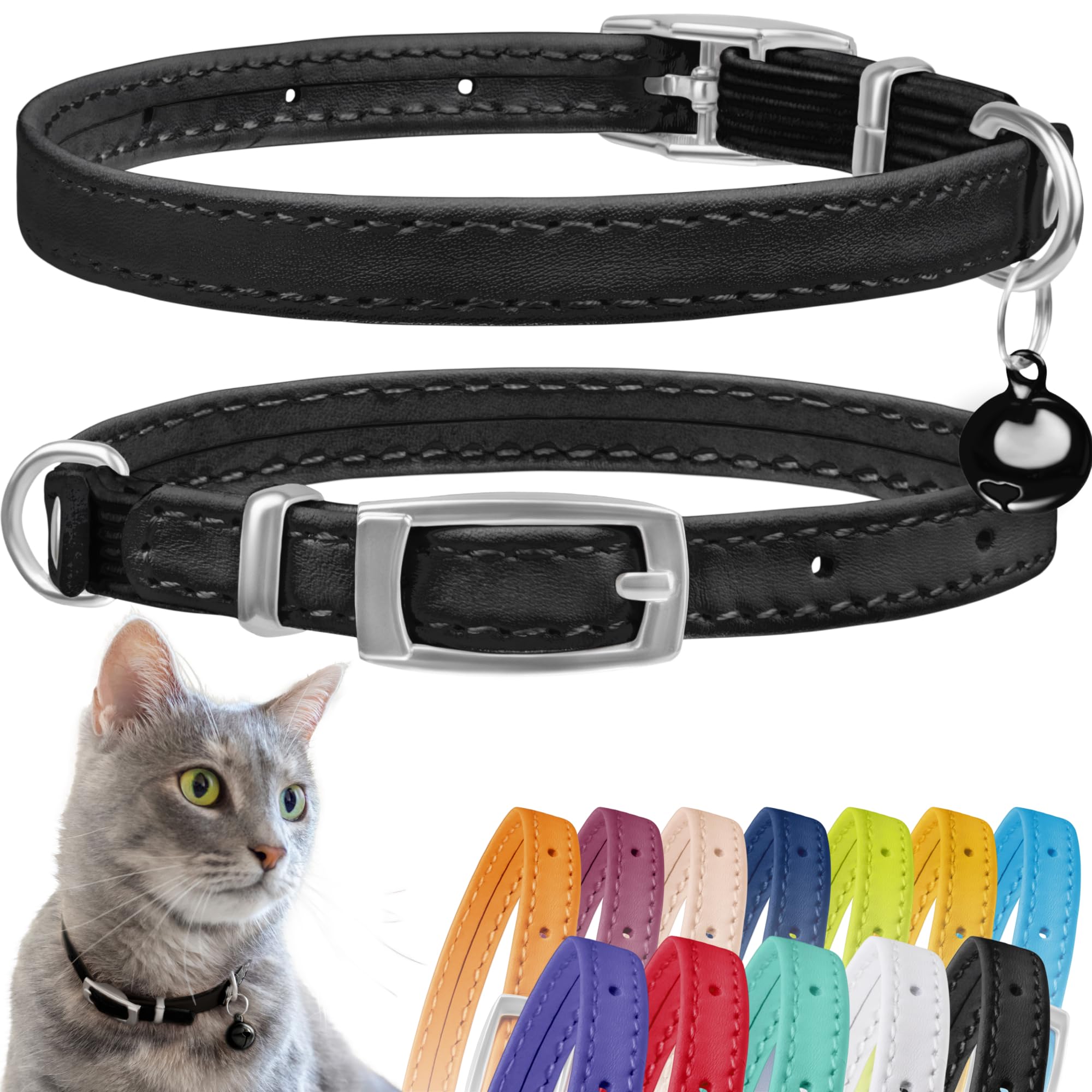 Collardirect Leather Cat Collar, Cat Safety Collar With Elastic Strap, Kitten Strap With Bell Black Blue Red Orange Lime Green (