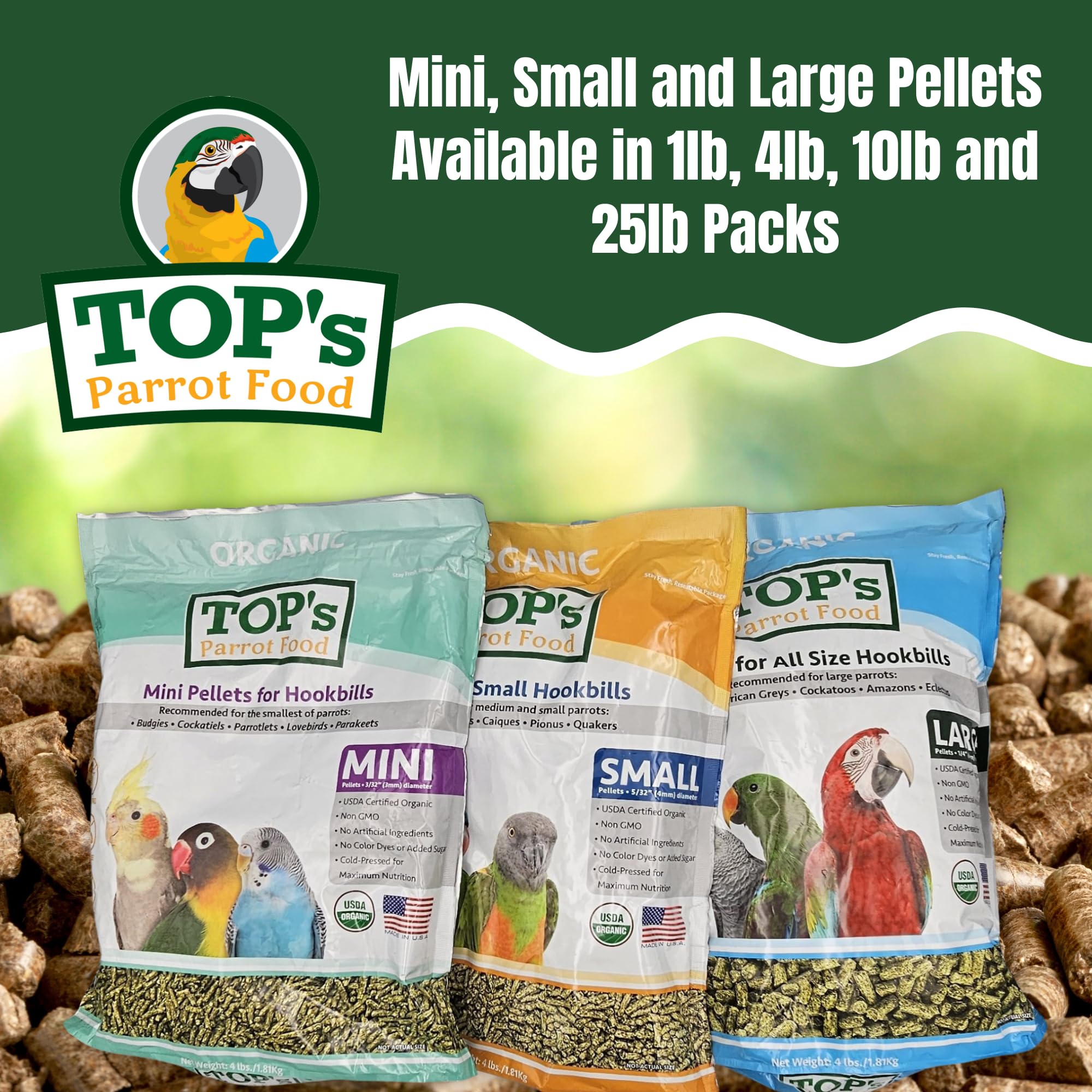 TOPs Parrot Food Mini Pellets Bird Food for Budgies, Cockatiels, Parrotlets, Lovebirds, Parakeets - Non-GMO, Peanut Soy & Corn