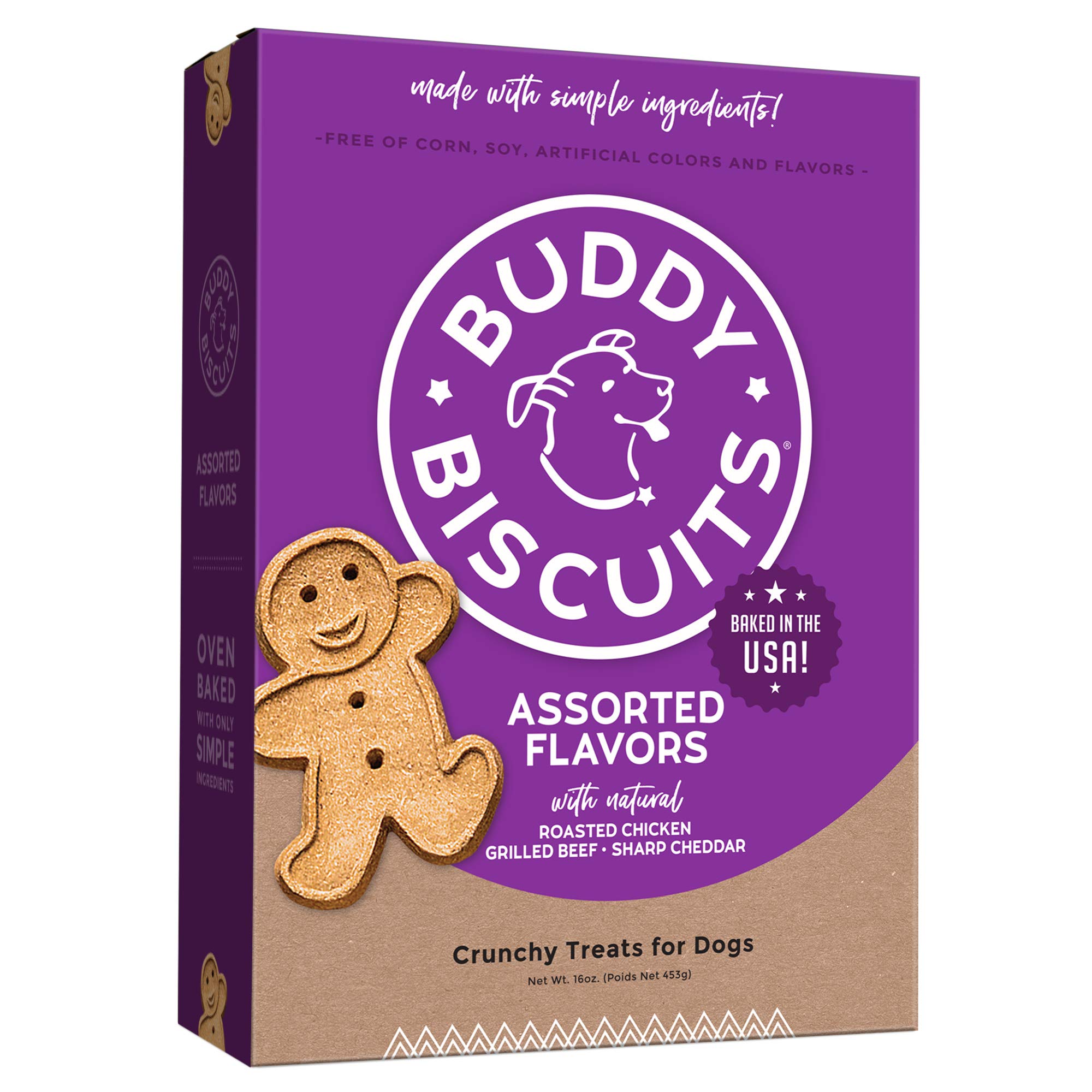Buddy Biscuits 16 oz. Box of Crunchy Dog Treats Made with Assorted Flavors of Roasted Chicken, Grilled Beef, and Sharp Cheddar