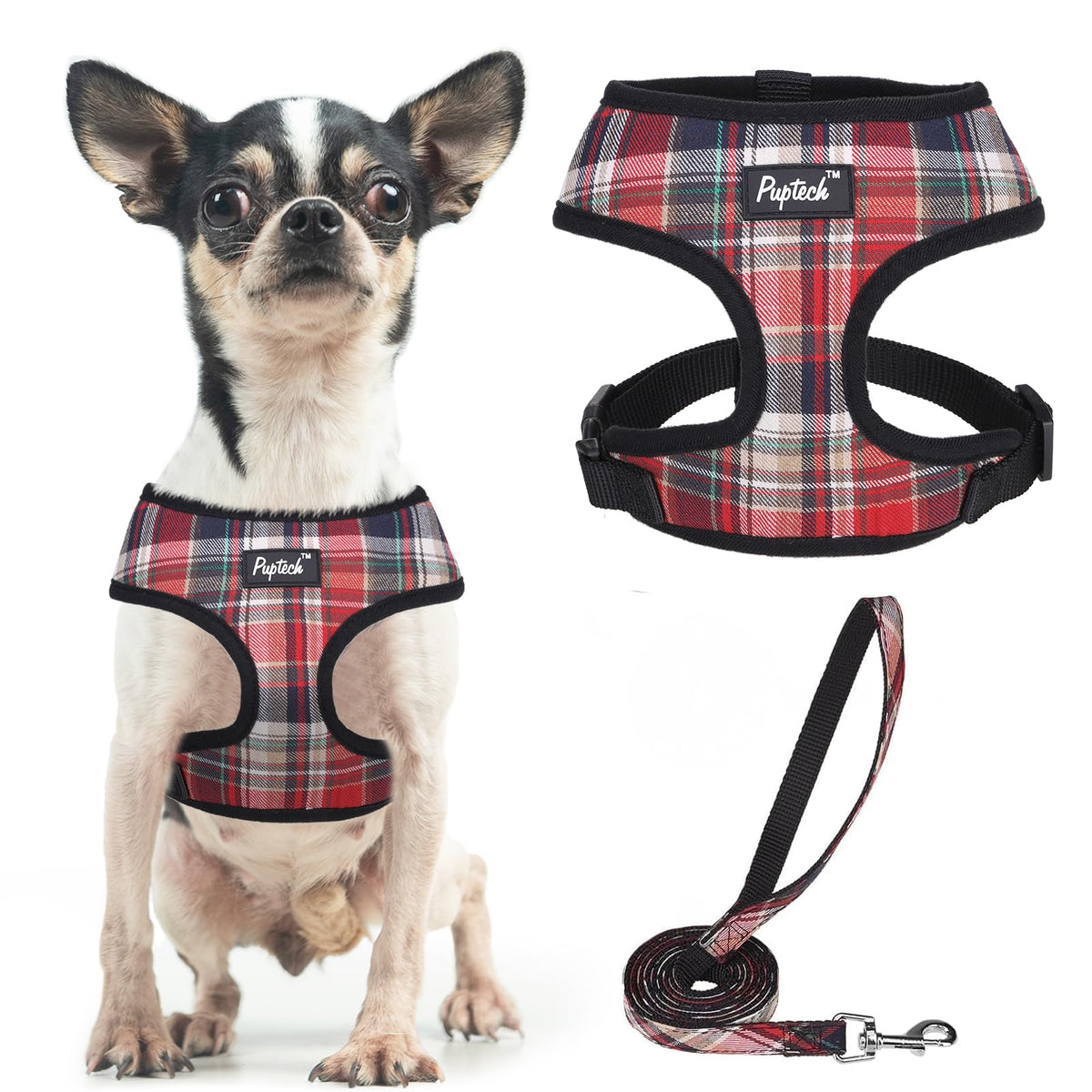 Pupteck Soft Mesh Dog Harness And Leash Set Pet Puppy Cat Comfort Padded Vest No Pull Harnesses, Red Mixed, Xs
