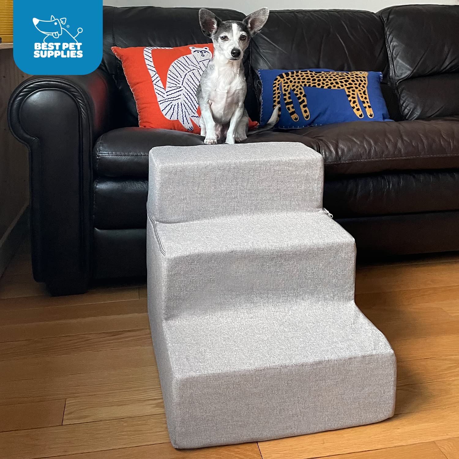 Best Pet Supplies Foldable Foam Pet Steps, 3-Step (H: 16.5"), Gray Linen, Non-Slip Indoor Support for Small Dogs and Cats, Model STF241-S