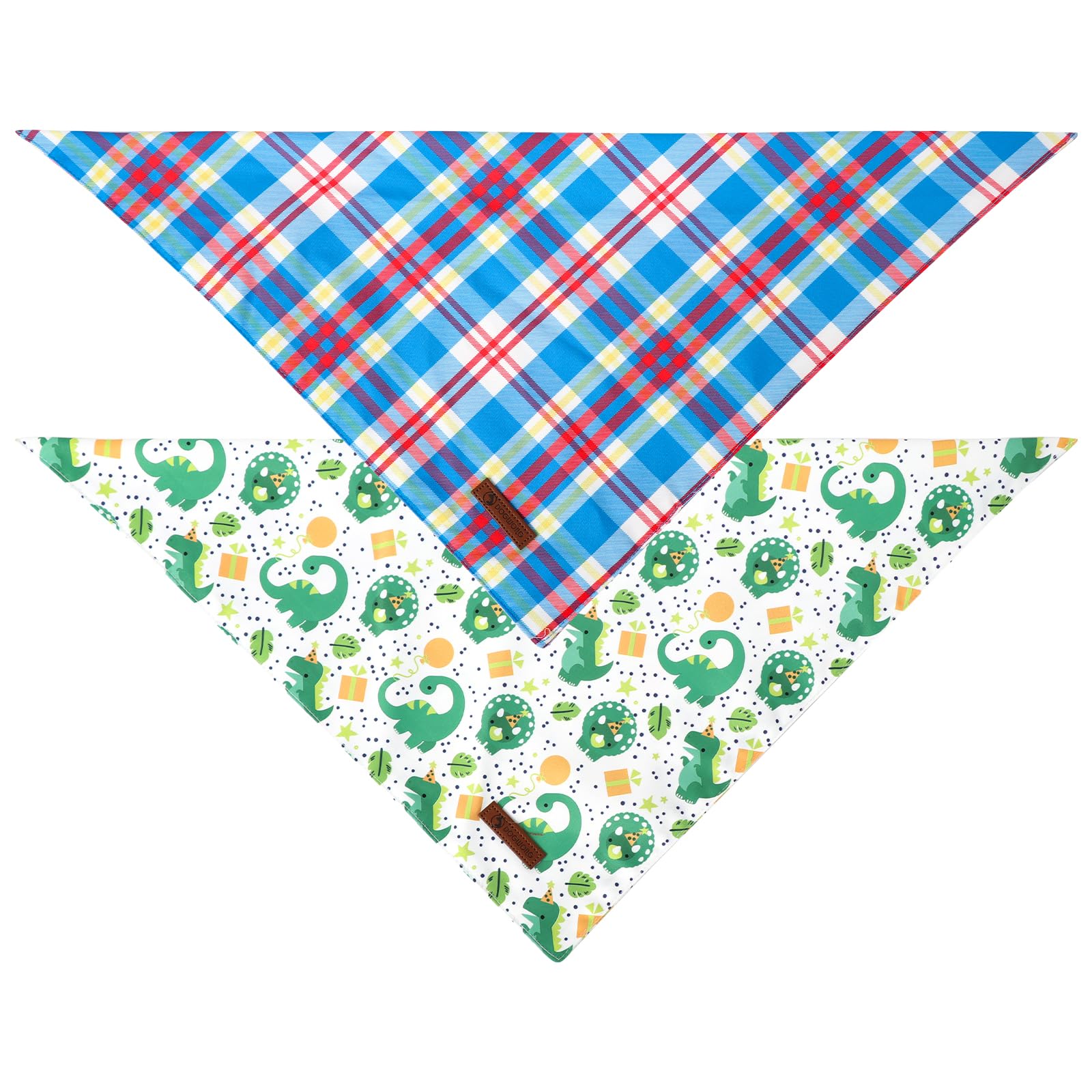 Dogwong Boy Dog Bandanas 2 Pack, Dinosaur Blue Plaid Print Triangle Reversible Rabbit Carrot Pet Scarf Durable Male Bandana For
