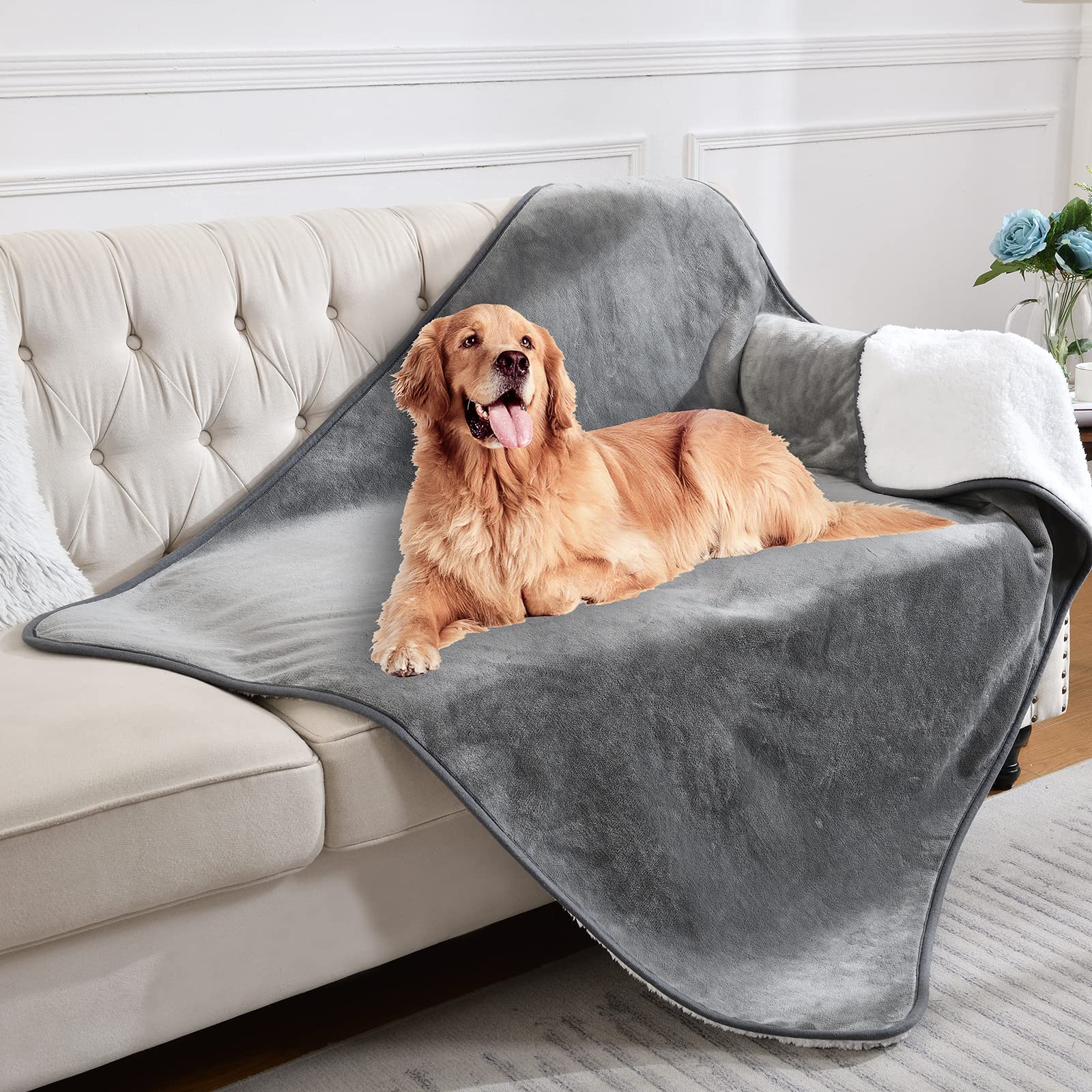 Yaning Waterproof Blanket for Pets, Soft Polyester Sherpa Fleece, Grey, 50x60 inches, Reversible Furniture Protector