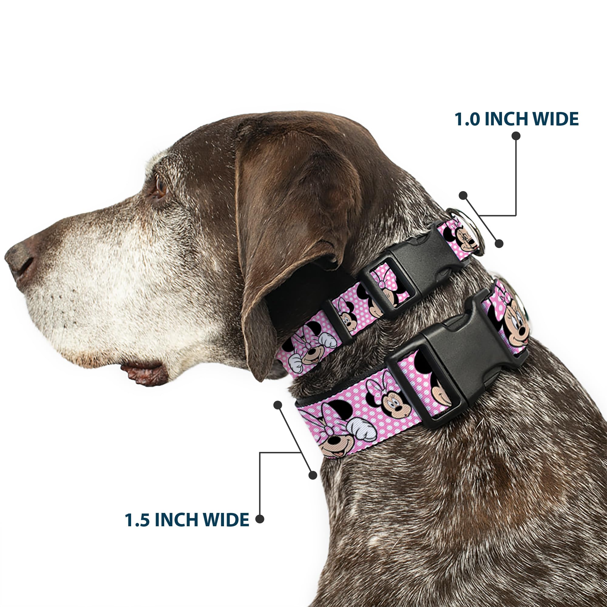 Buckle-Down Plastic Clip Collar - Minnie Mouse Expressions Polka Dot Pink/White - 1.5 Wide - Fits 16-23 Neck - Medium