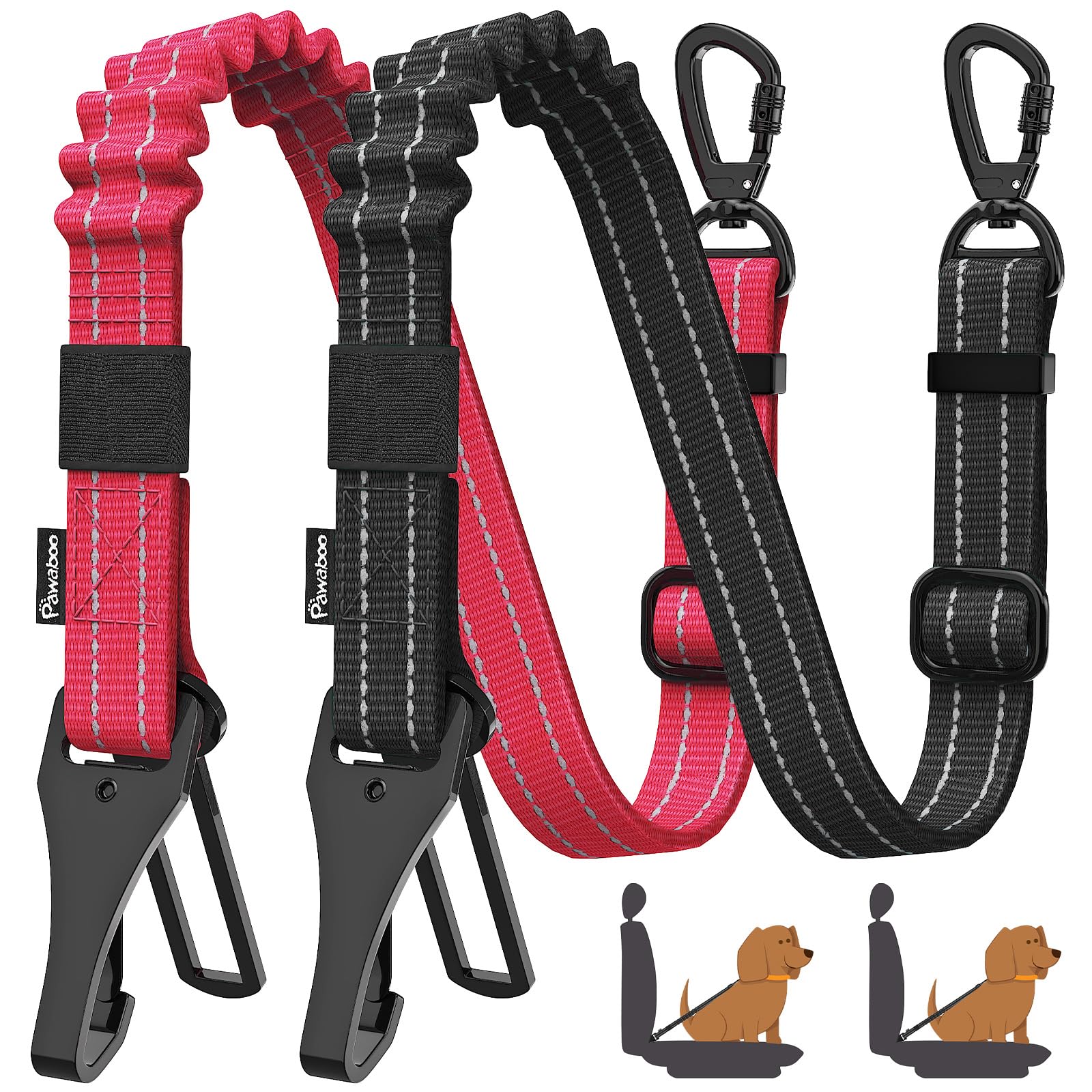 Pawaboo 2Pack Dog Seatbelt For Car, 3-In-1 Dog Seat Belt Bungee, Shockproof Dog Car Tether With Buckle & Hook Latch, Adjustable 