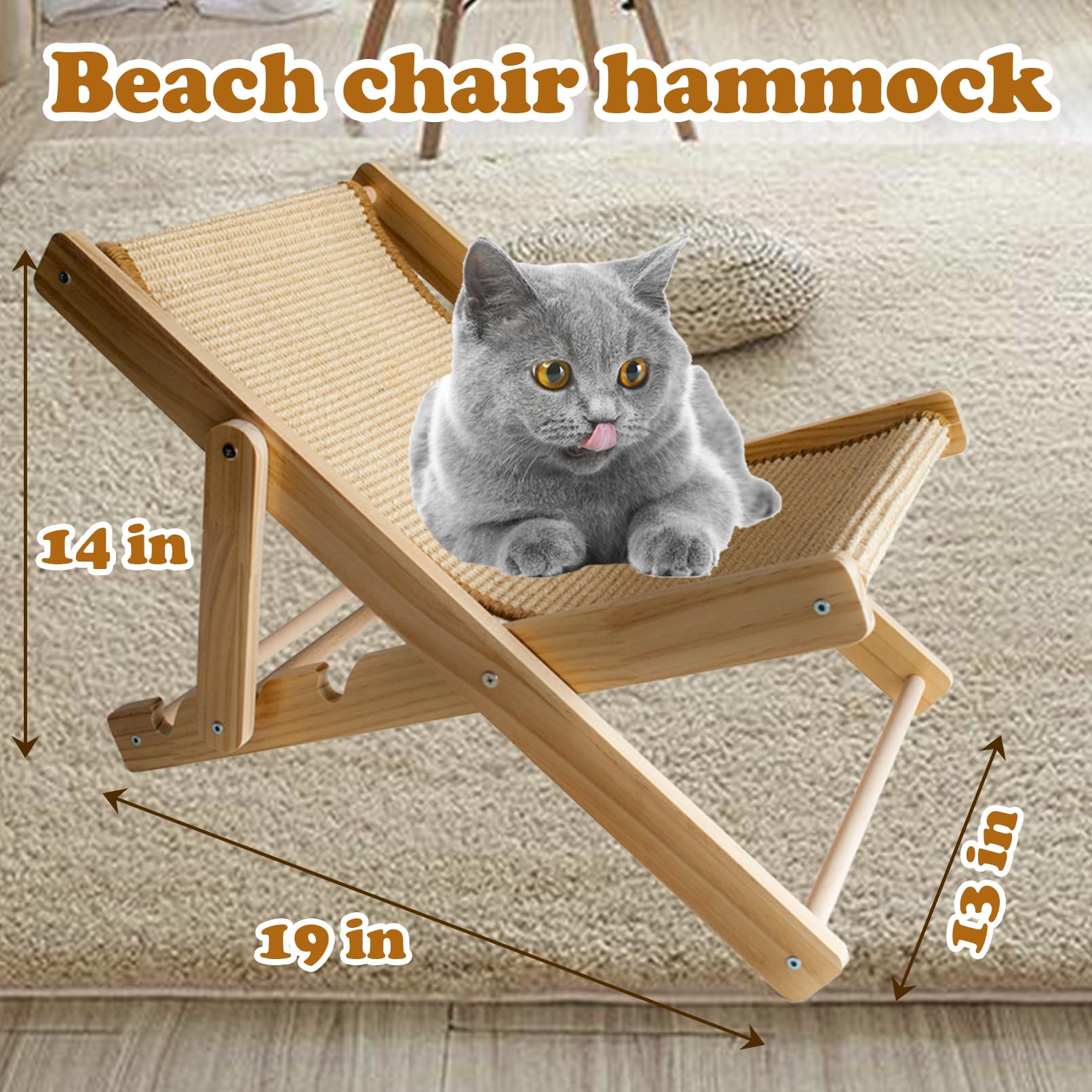Muyg Sisal Cat Chair For Sunbathing,Adjustable Wooden Cat Lounge Chair With Sisal Mat Scratcher 3 Height Beach Kitty Hammock Bed