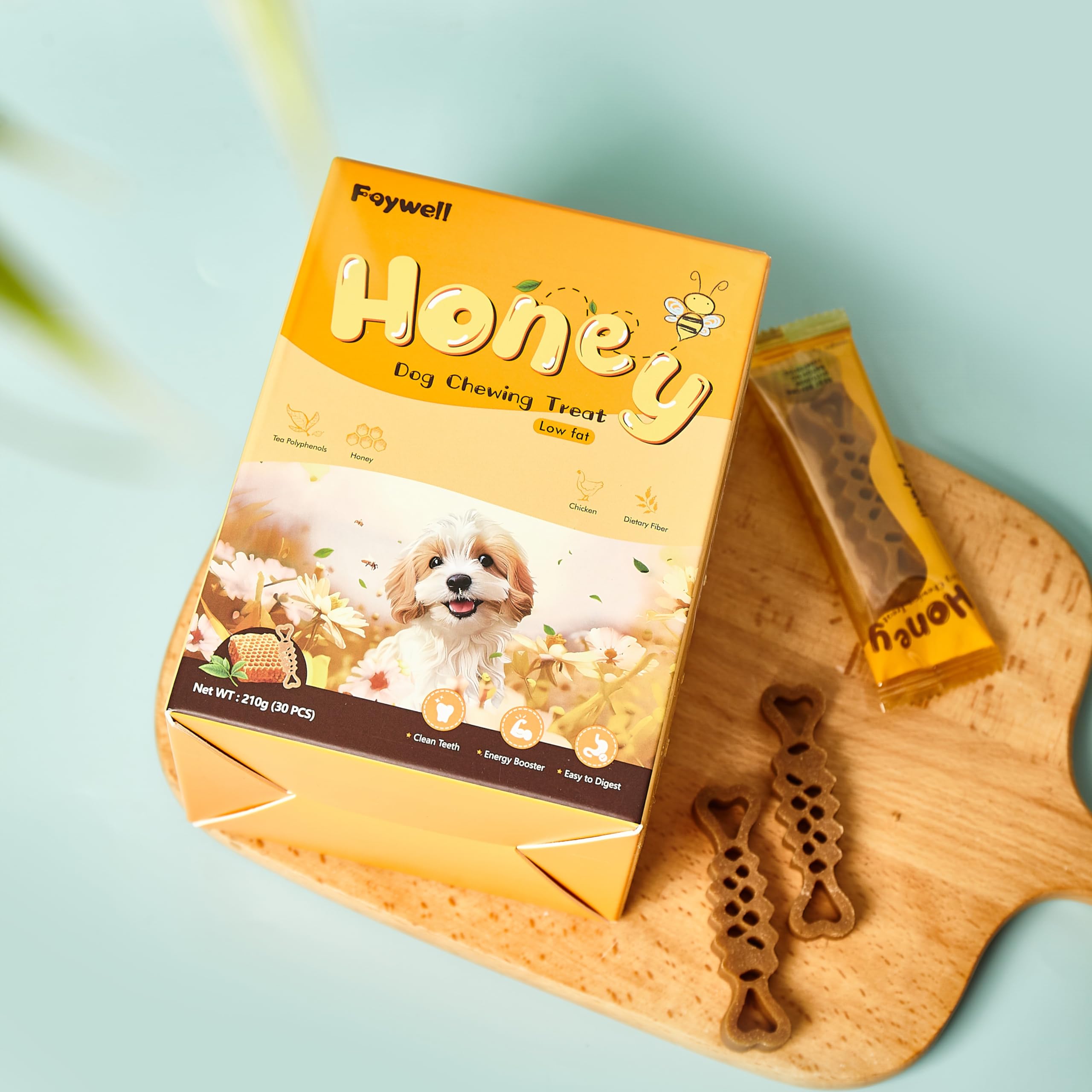 FAYWELL - Honey Dog Chewing Treat with Tea Polyphenols and Dietary Fiber, Chicken & Honey Taste, Low-Fat Protein, 30pcs/210g (30