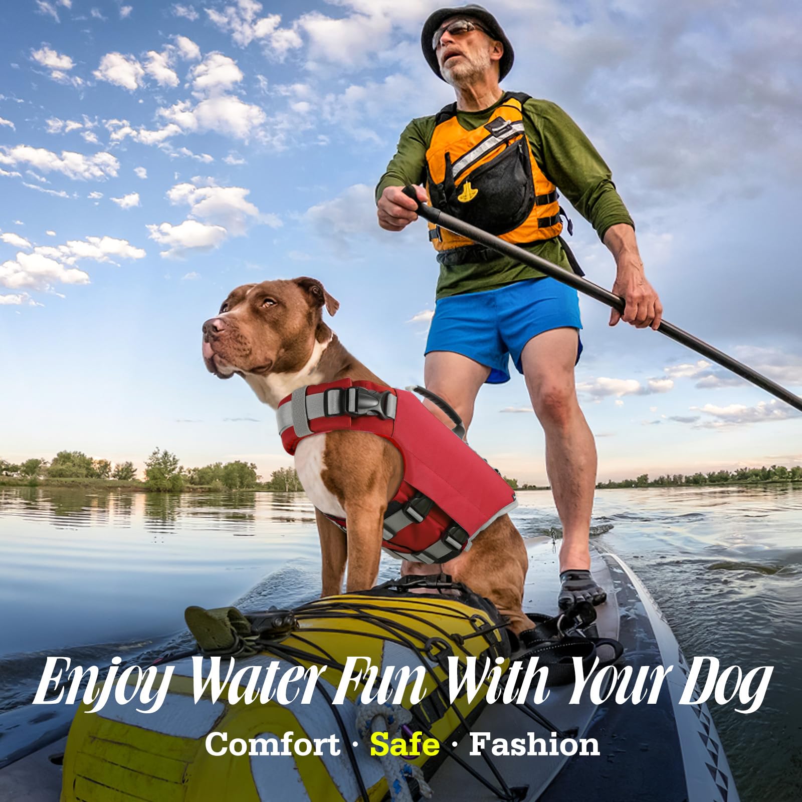 Pawaboo Dog Life Jacket, Reflective Dog Safety Vest Adjustable Pet Life Preserver With Strong Buoyancy & Sturdy Rescue Handle, R