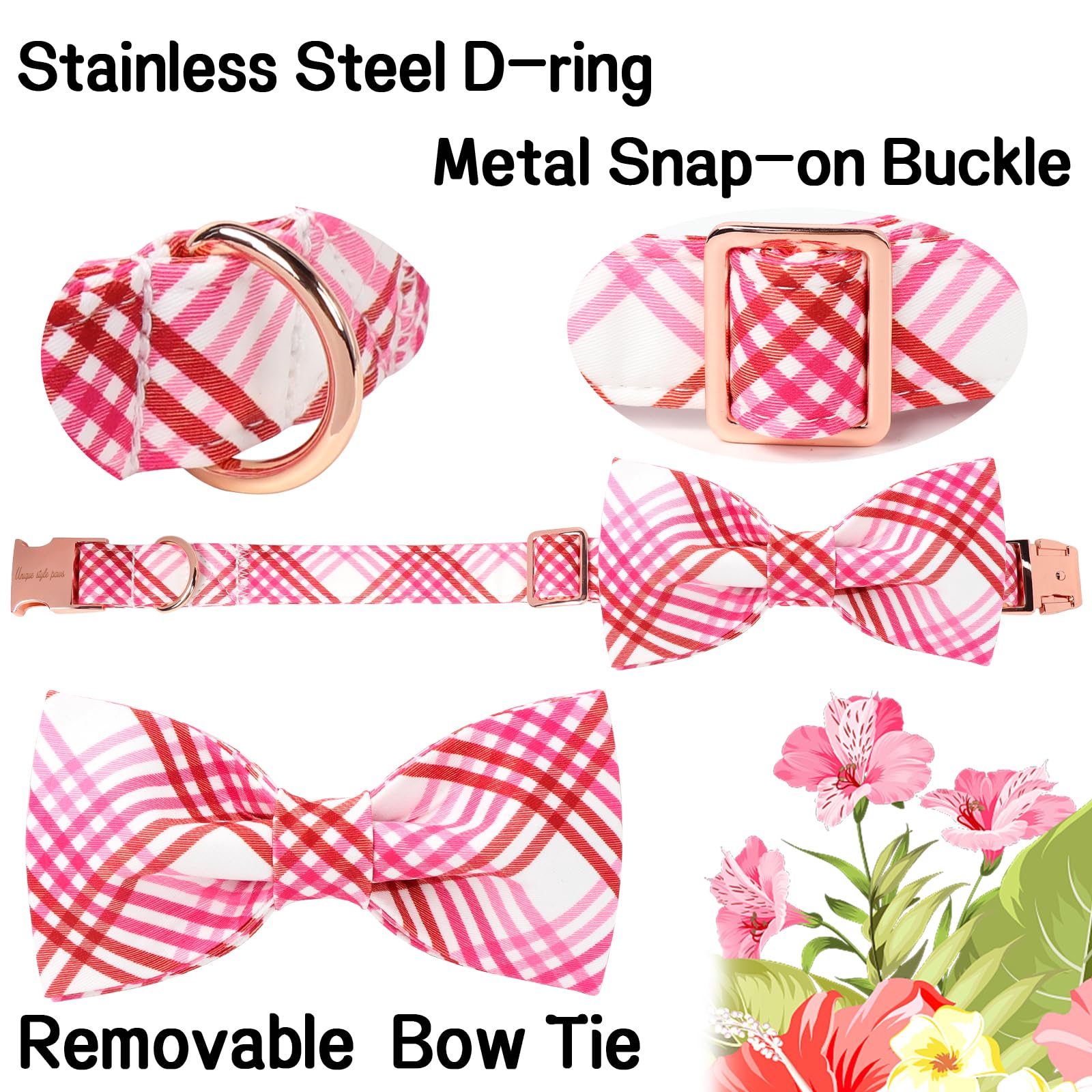 Unique Style Paws Cotton Dog Collar With Bow Spring Summer Collar With Red White Grid For Small Medium Large Boys Girls Dogs