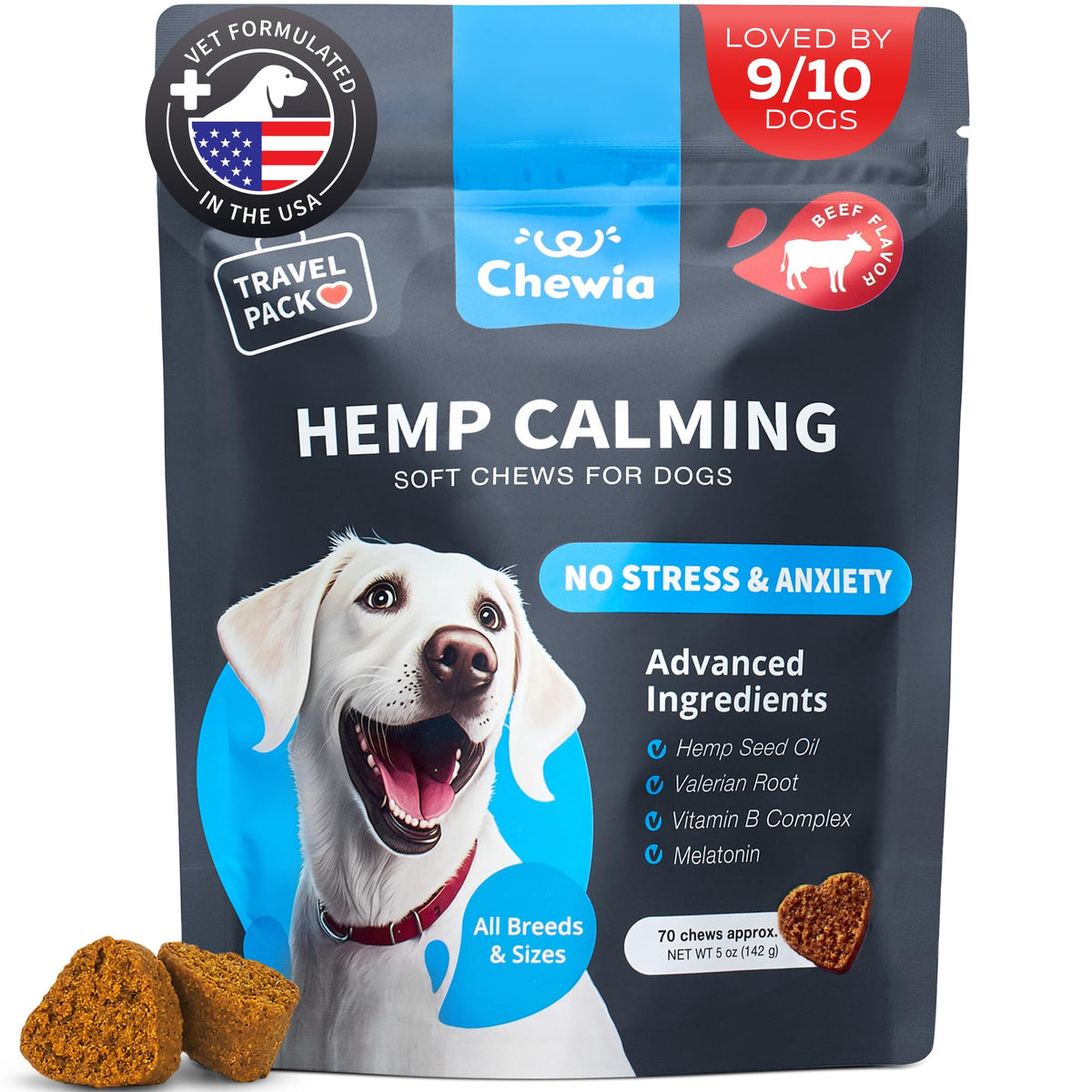 Hemp Calming Chews For Dogs Anxiety Relief - Dog Calming Treats With Melatonin, Chamomile Extract, Valerian Root - Travel Pack -