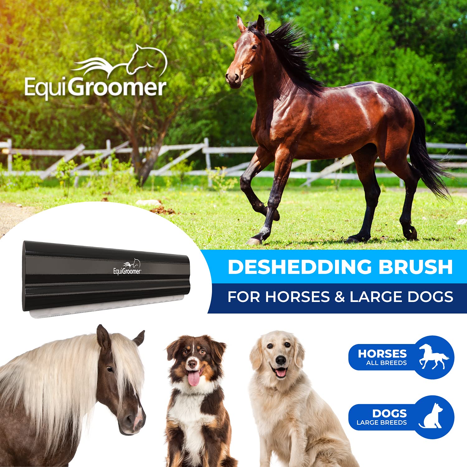 EquiGroomer Deshedding Brush, 8-Inch for Horses and Large Pets, Black, Removes Loose Dirt, Hair, and Fur, Professional Undercoat