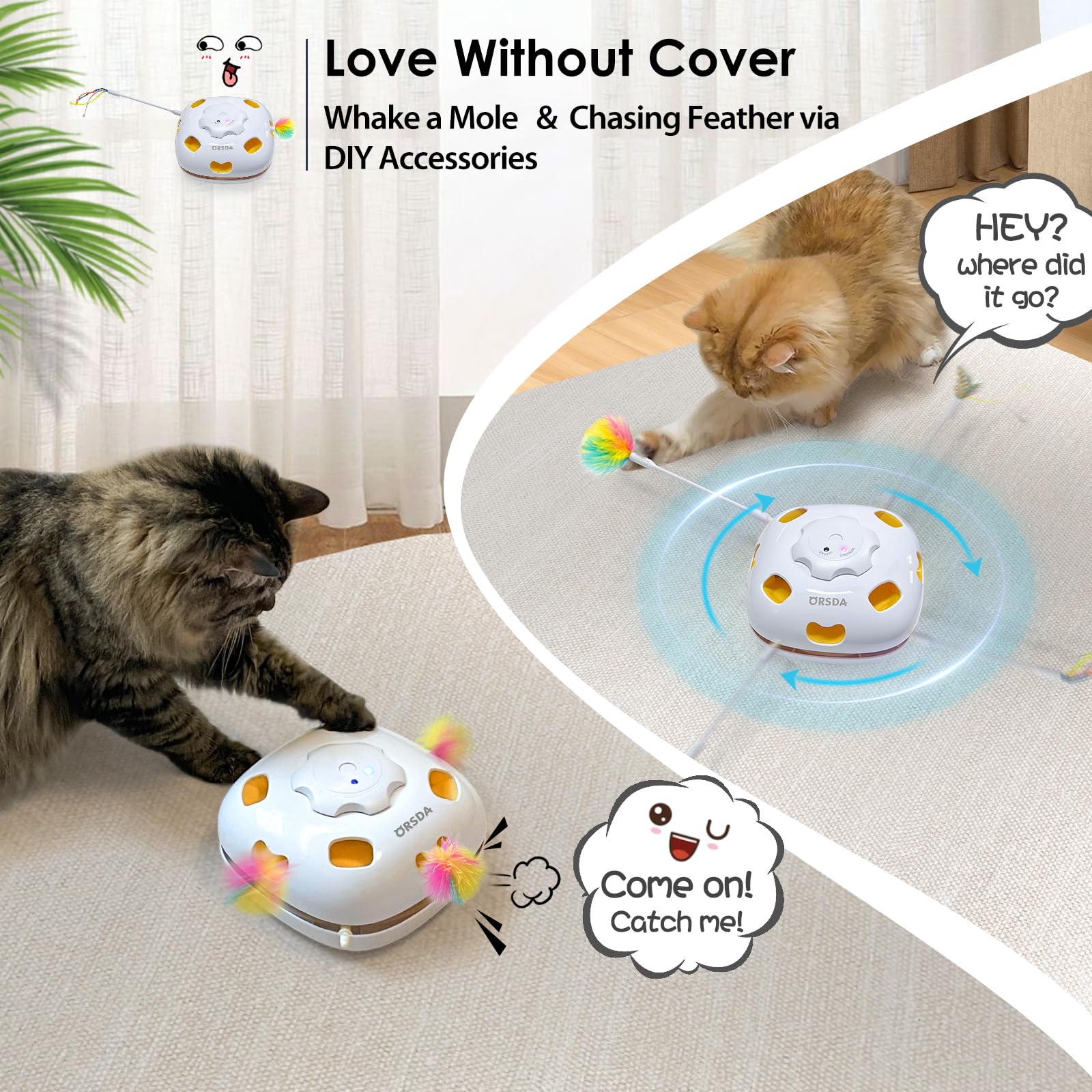 Orsda Interactive Cat Toys For Indoor, 4 In 1 Automatic Cat Toy For Kitten, Rechargeable Smart Teaser Toys, Moving Ambush Feathe