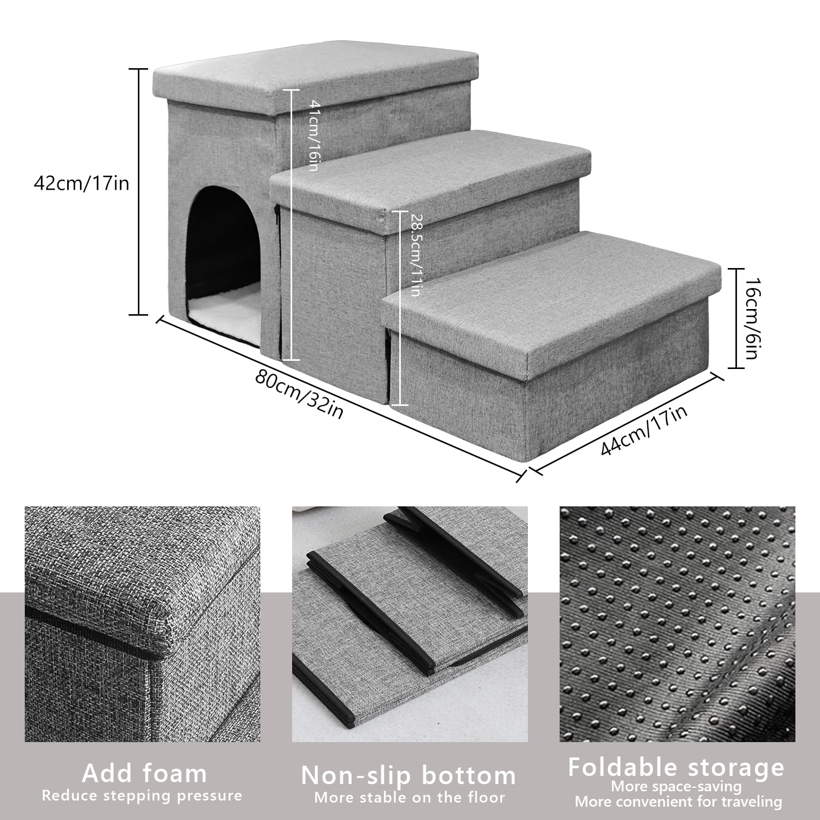 Dog Stairs For High Bed 18'' H,Foldable Pet Stairs For Small Medium Or Large Dogs Puppy With Storage For Bed Or Couch, 3-Step Ca