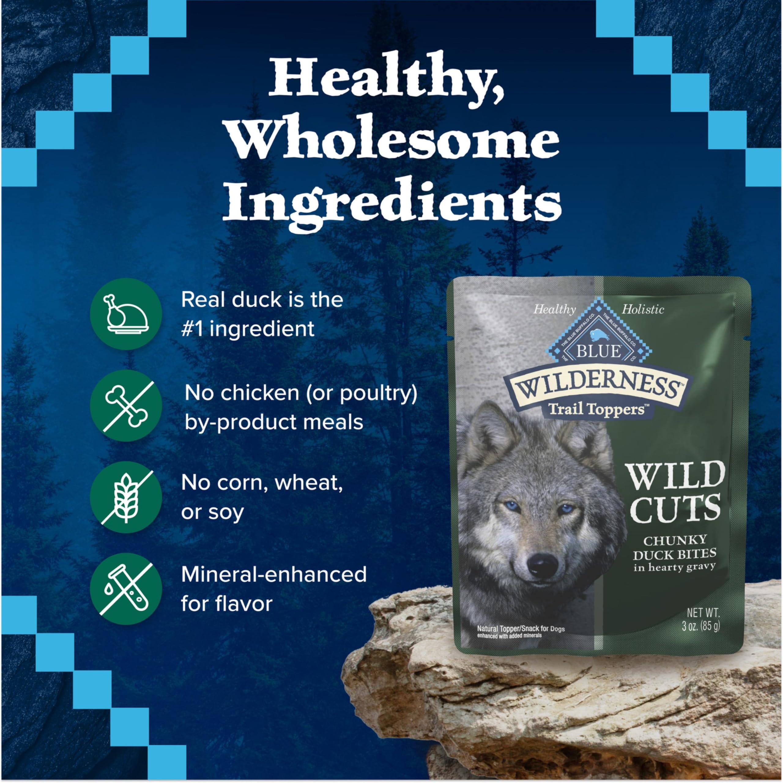 Blue Buffalo Wilderness Trail Toppers Wild Cuts Natural High-Protein Dog Wet Food, Duck Bites in Hearty Gravy, 3-oz Pouch, 24 Co