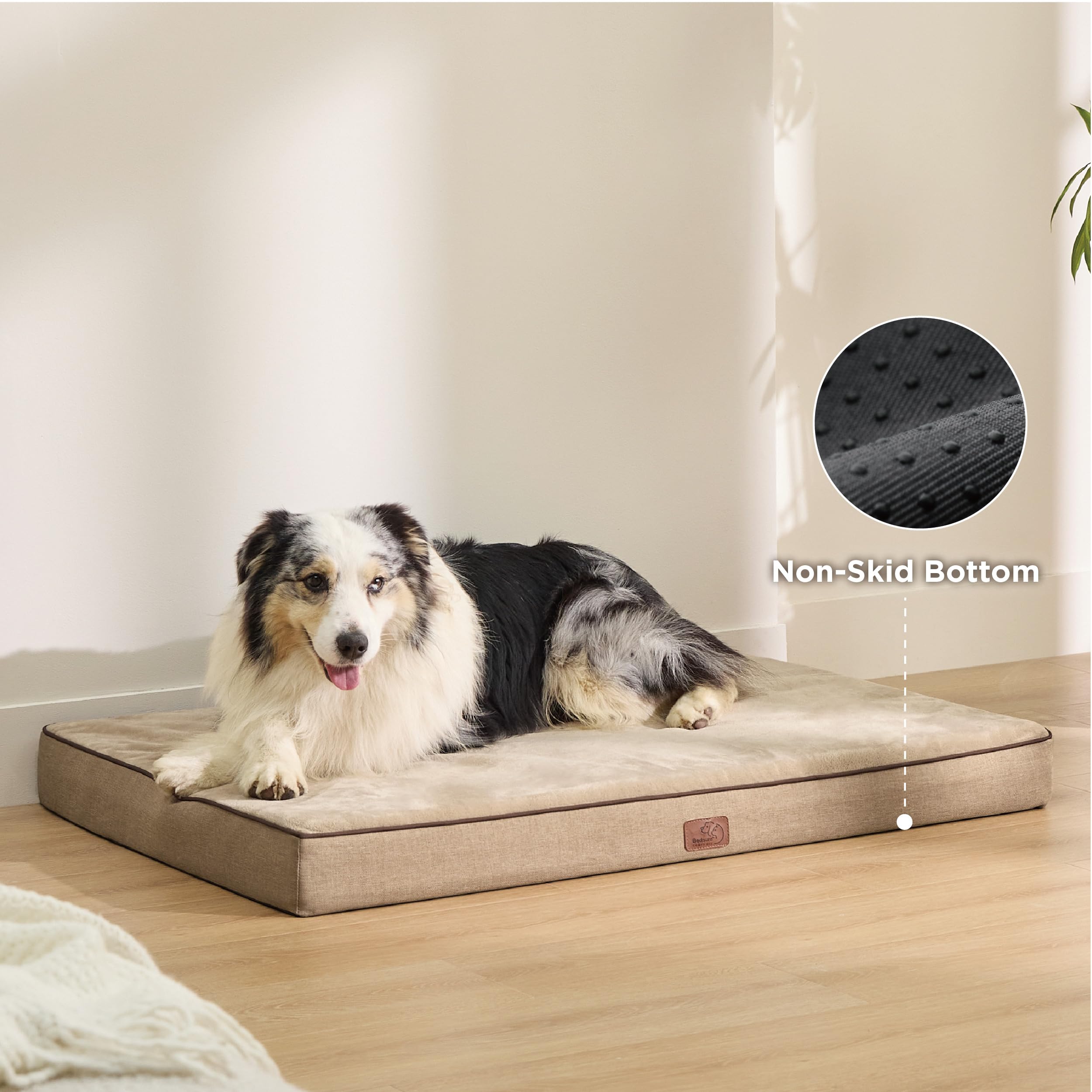 Bedsure Memory Foam Dog Bed For Extra Large Dogs - Orthopedic Waterproof Pet Mat For Crate With Removable Washable Cover And Nonskid Bottom - Water-Resistant Plush Flannel Fleece Top Pet Bed, Khaki