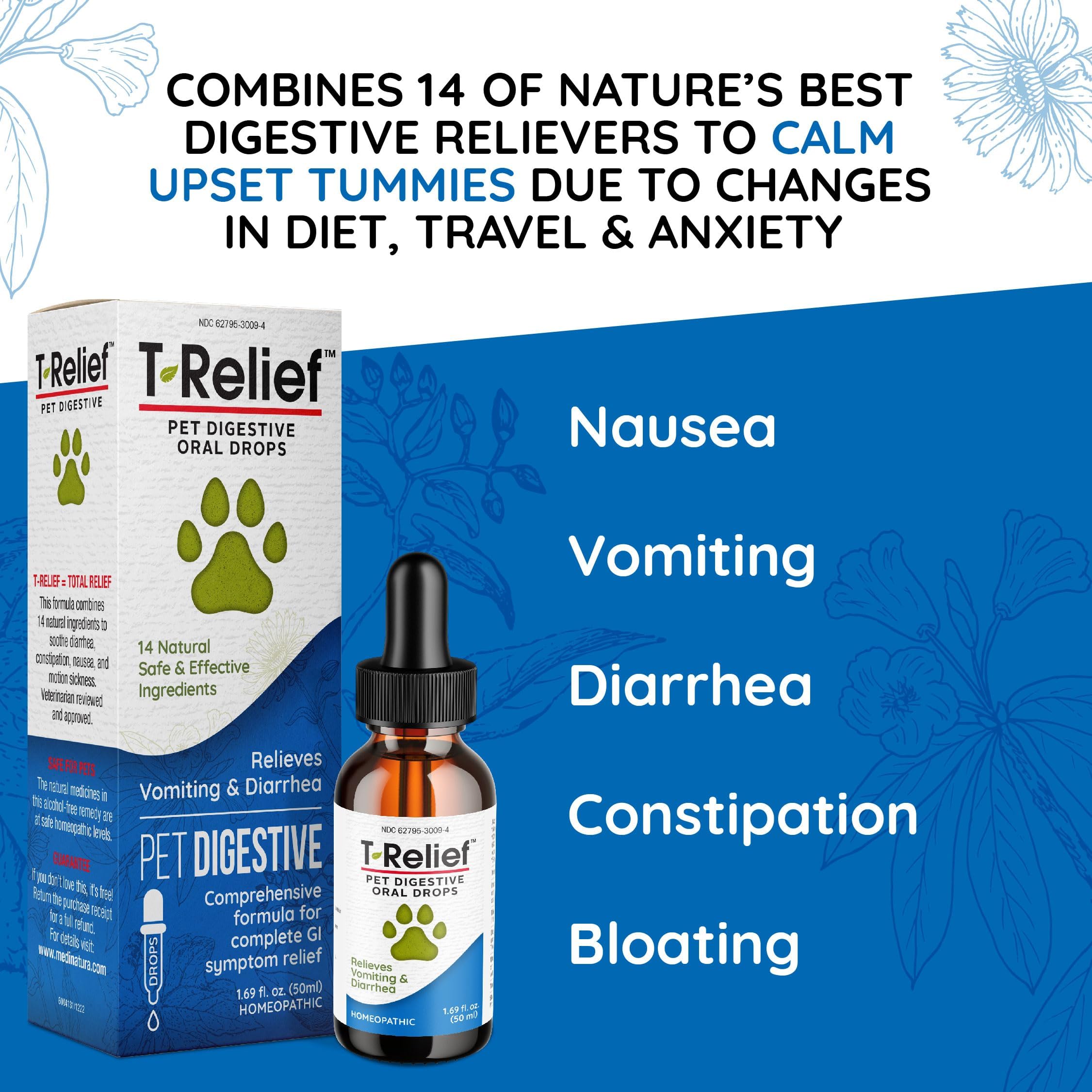 T-Relief Pet Digestive Complete GI Relief Drops for Dog & Cat Soothing Aloe + 13 Natural Homeopathic Actives Help Calm Nausea &