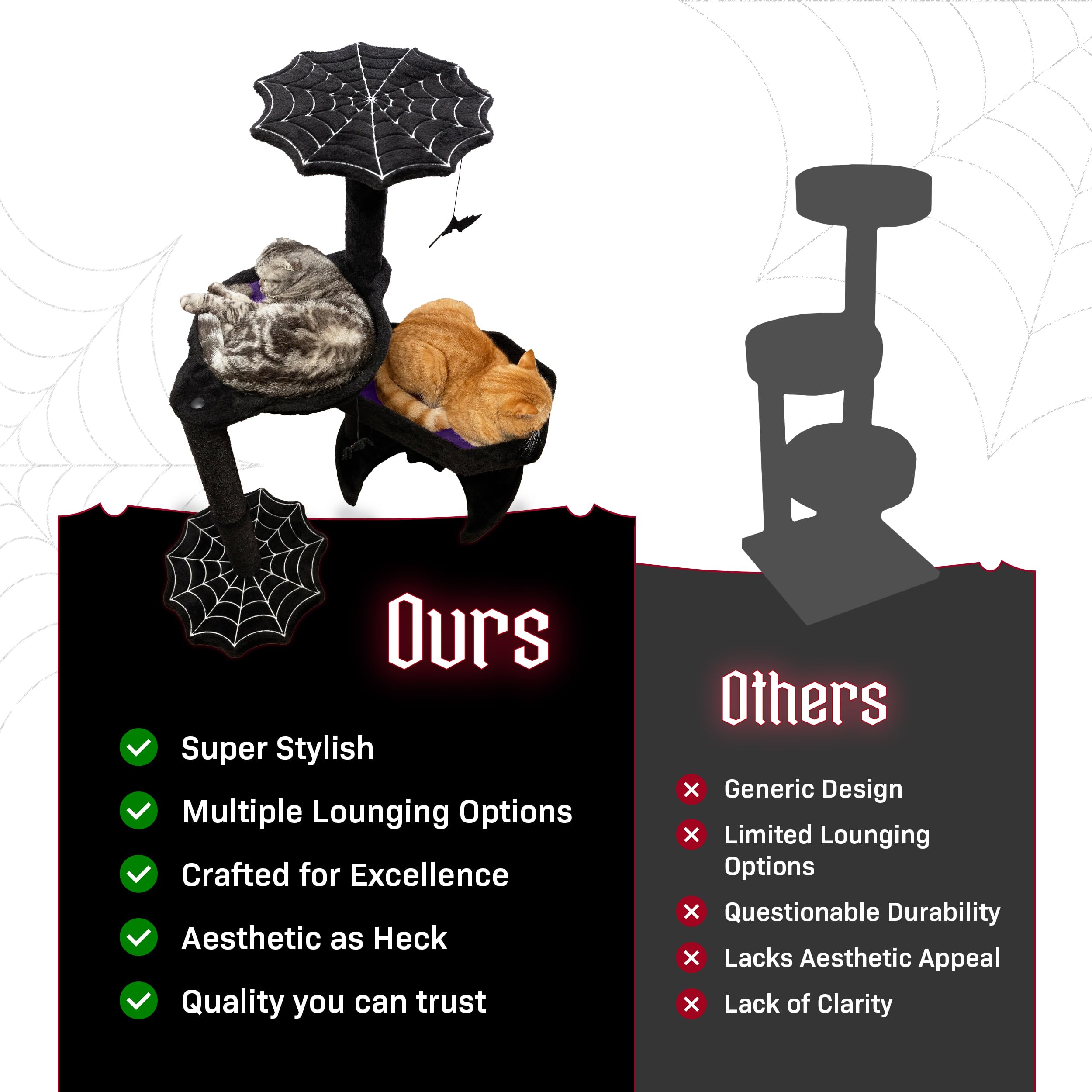 Littlesy Gothic Cat Tree With Coffin Cat Bed, Hammock, Spider & Bat Goth Cat Toys - 35 Inch Tall Coffin Cat Tree With Luxurious