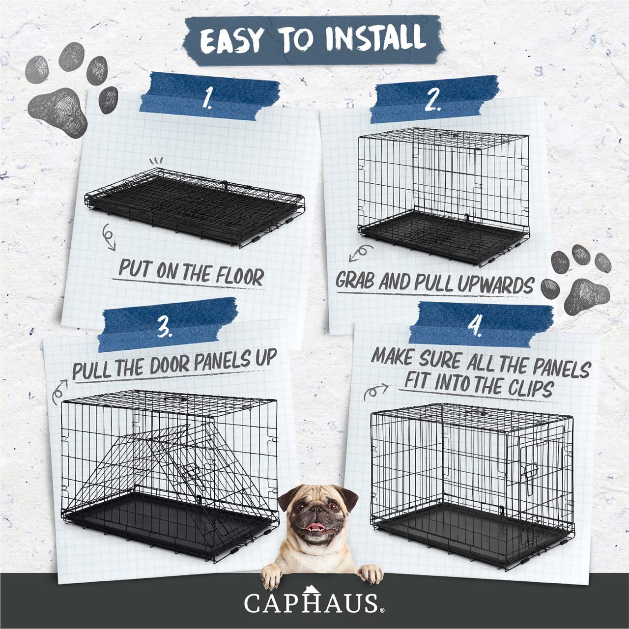 Caphaus Foldable Dog Crate Wire Metal Kennel W/Leak-Proof Pan & Protecting Feet & Divider Panel, Single Or Double Door, Small, Medium & Large Dog Crate Indoor Wire Dog Cage, 36?W/Double Doors