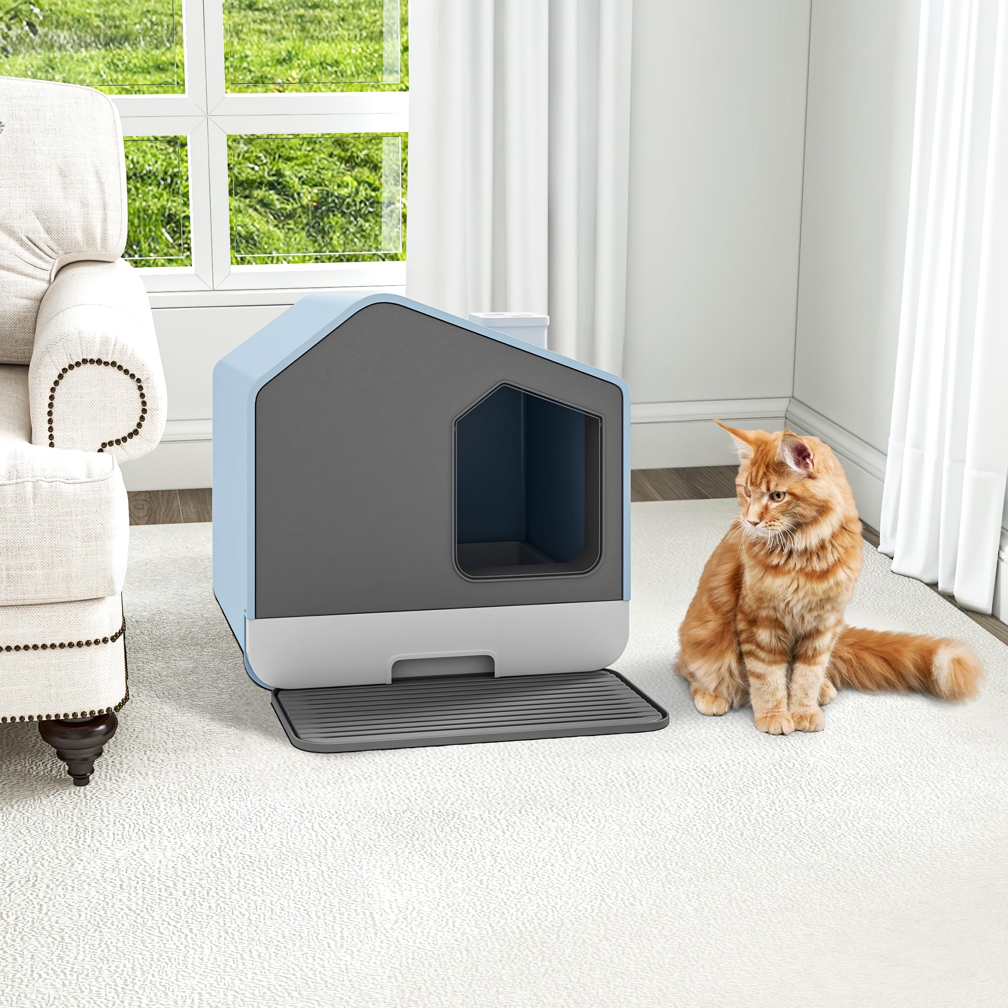 Dwvo Xl Enclosed Cat Litter Box With Vent, Mat, And Litter Scoop, Odorless, Anti-Splashing, No Installation Required - Blue