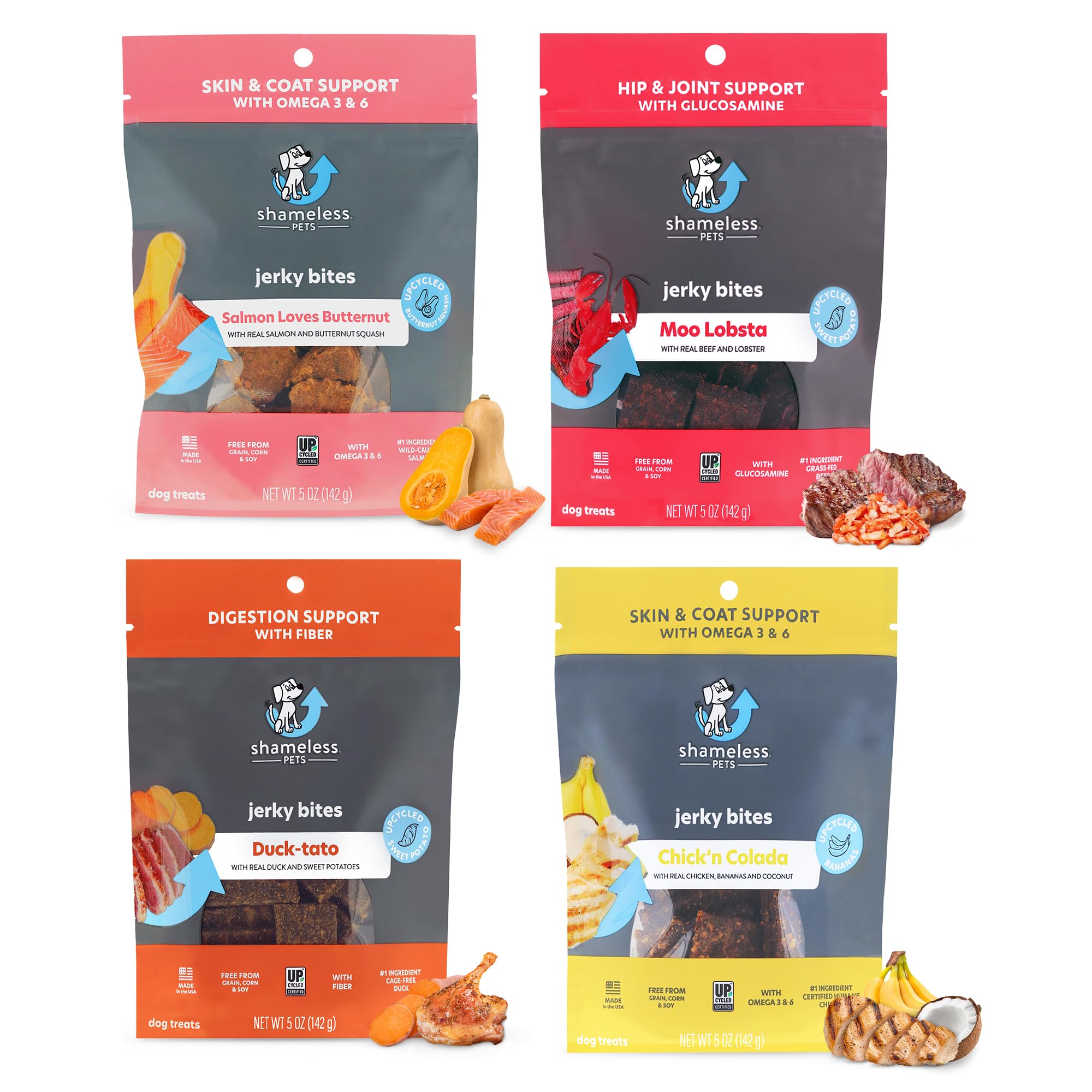 Shameless Pets Jerky Dog Treats, Variety 4-Pack - Healthy Chews with Chicken, Beef, Salmon & Duck for Dogs - Dog Treats with Rea